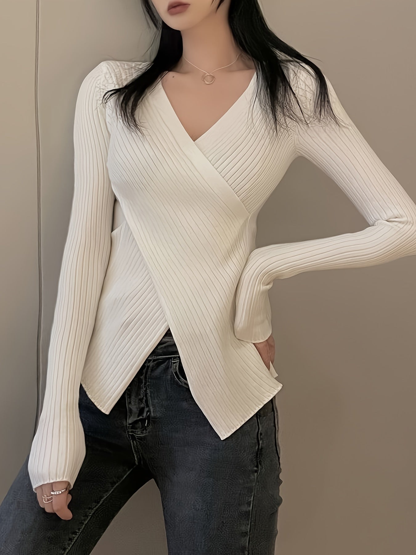 Sixsr Solid Cross Front Knitted Top, Casual Long Sleeve V Neck Slim Sweater, Women's Clothing