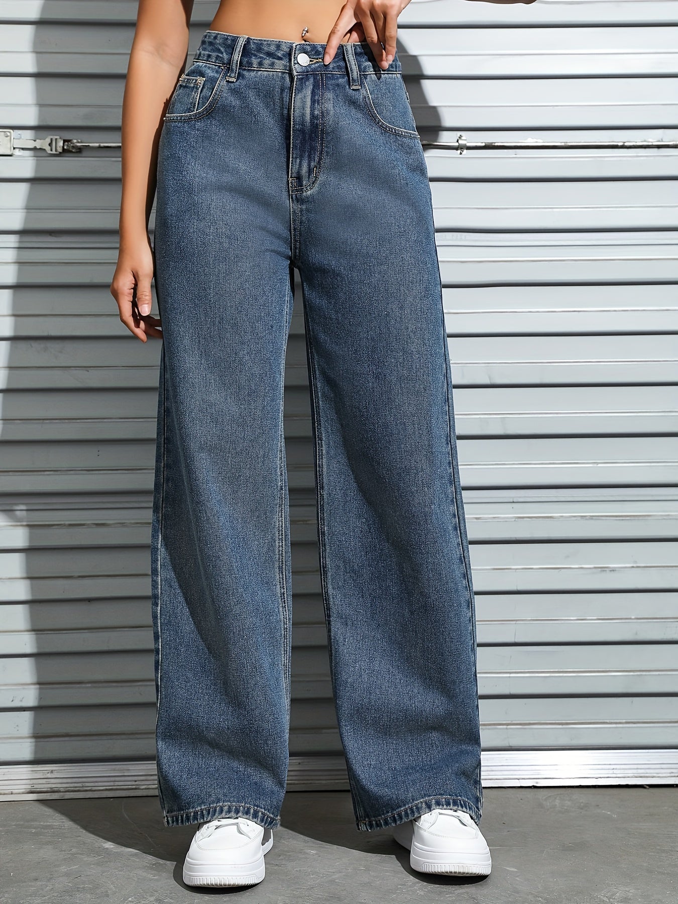 Greatnfb Blue Slant Pockets Straight Jeans, Loose Fit Non-Stretch Casual Wide Legs Jeans, Women's Denim Jeans & Clothing