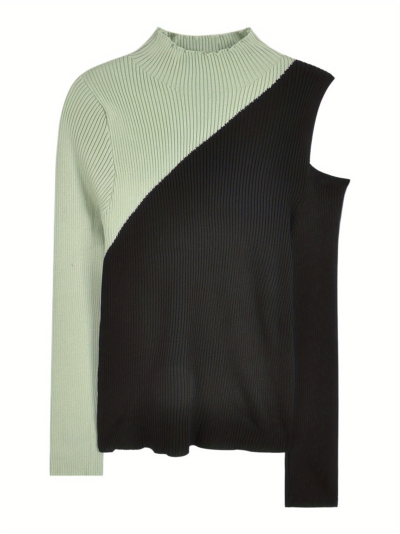 Sixsr Color Block Pullover Sweater, Casual Cold Shoulder Mock Neck Long Sleeve Top, Women's Clothing