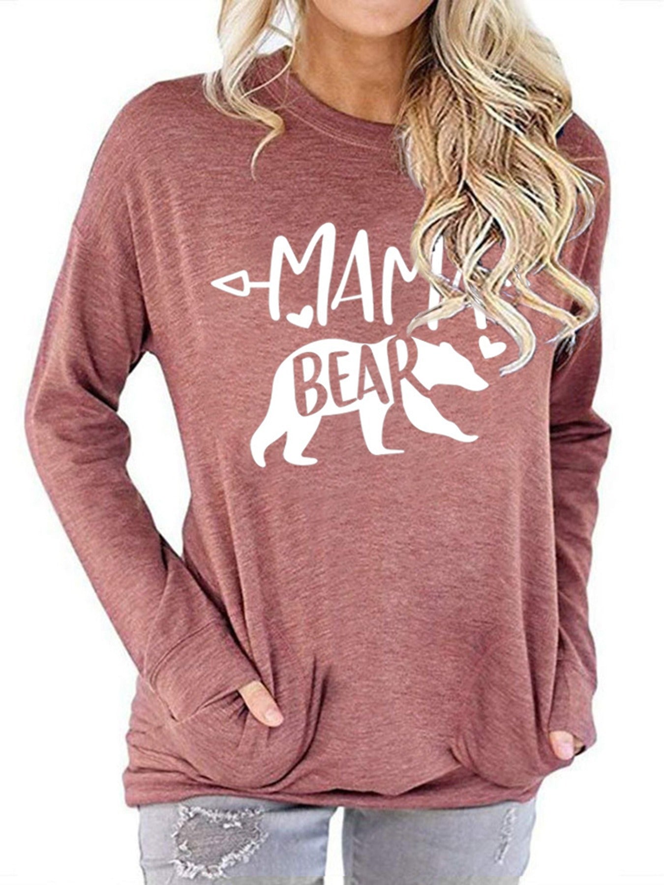 Sixsr Mamabear Bear Pattern Print T-shirt, Round Neck Long Sleeve Pullover T-Shirt, Women's Clothing