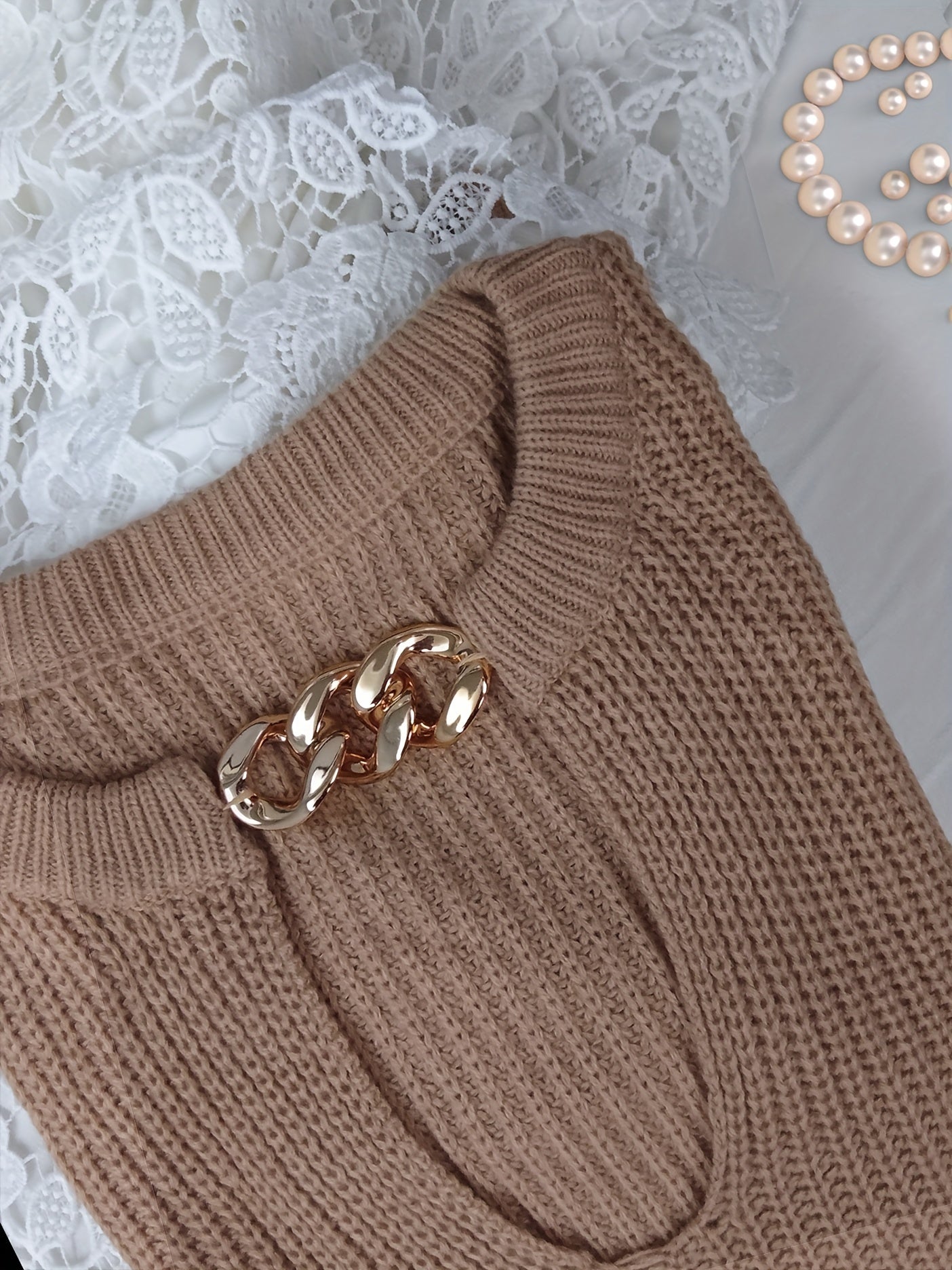 Sixsr Plus Size Chain Decor Cut Out Lantern Sleeve Sweater, Women's Plus Medium Stretch Casual Sweater