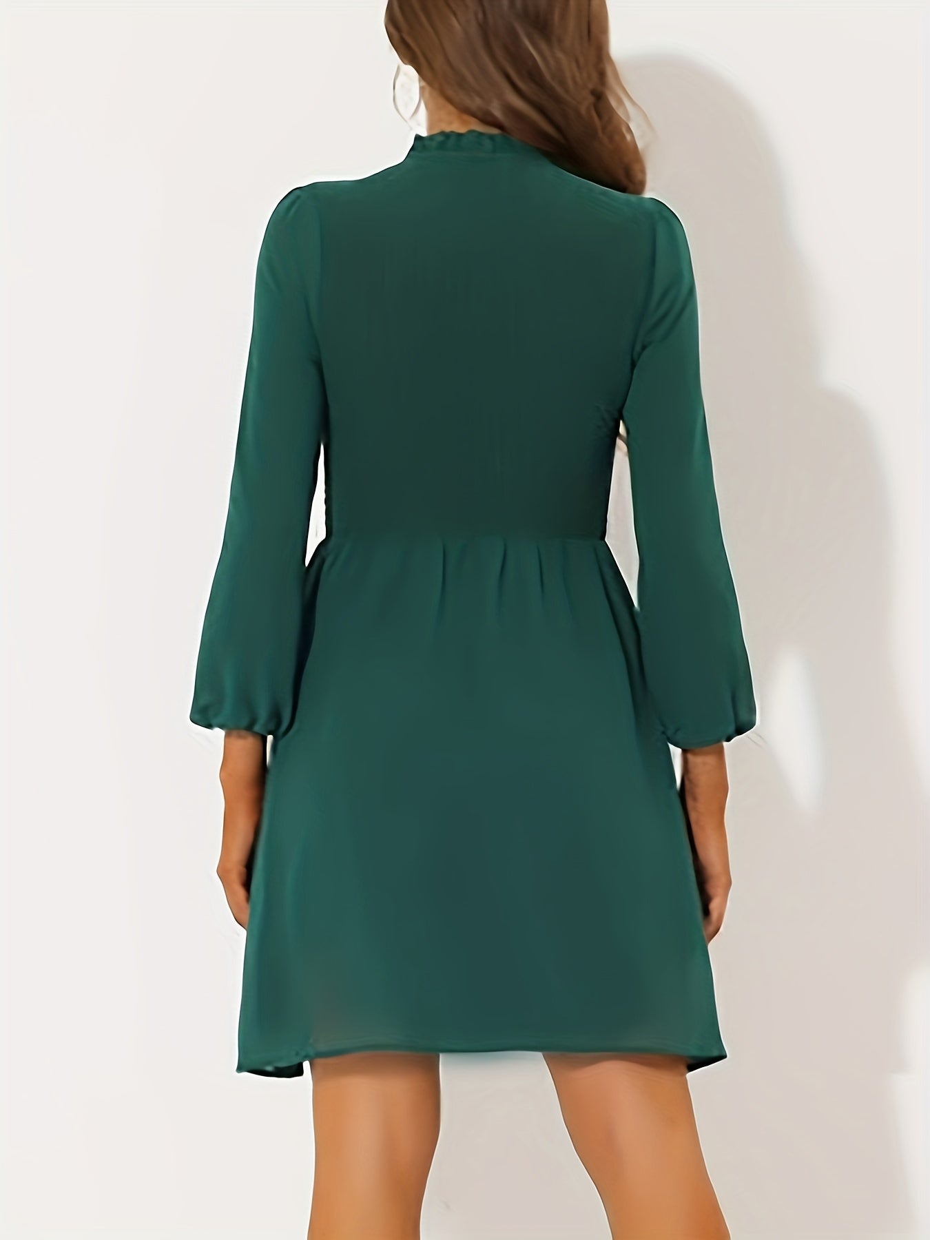 Sixsr Solid A-line Lantern Sleeve Dress, Casual Ruffle Trim Round Neck Dress For Spring & Fall, Women's Clothing