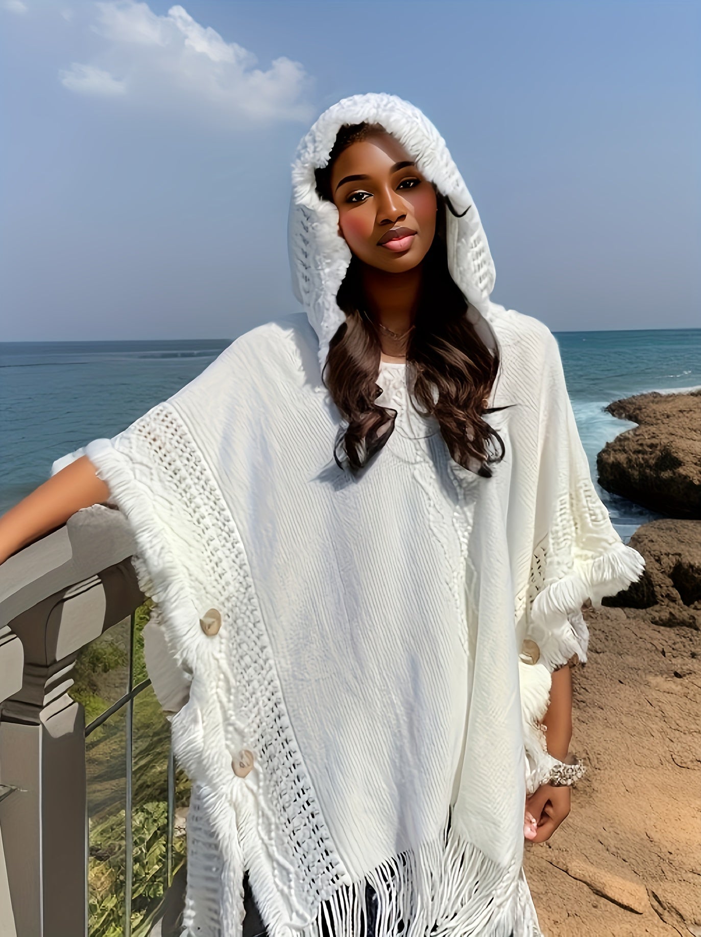Sixsr Solid Tassel Trim Hooded Cape Sweater, Casual Button Side Shawl Fashion Sweater, Women's Clothing