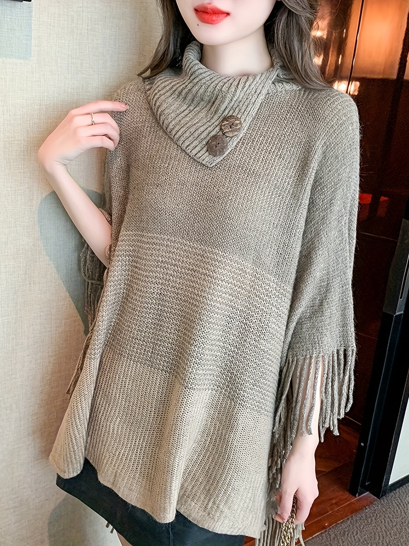 Sixsr Color Block Tassel Trim Cape Sweater, Boho Asymmetrical Collared Fashion Poncho Sweater, Women's Clothing