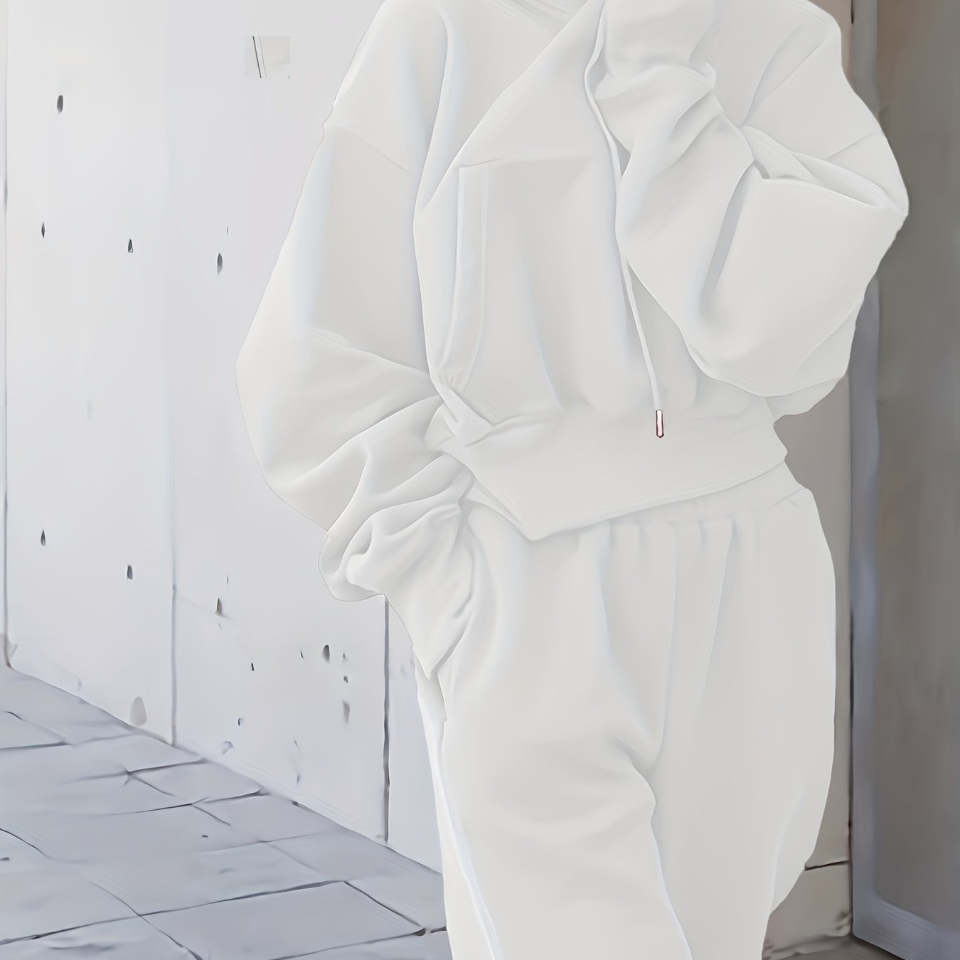 Sixsr 2pcs Athleisure Set, Oversized Solid Hooded Pocket Drawstring Sweatshirts & Sweatpants Sets, Women's Clothing