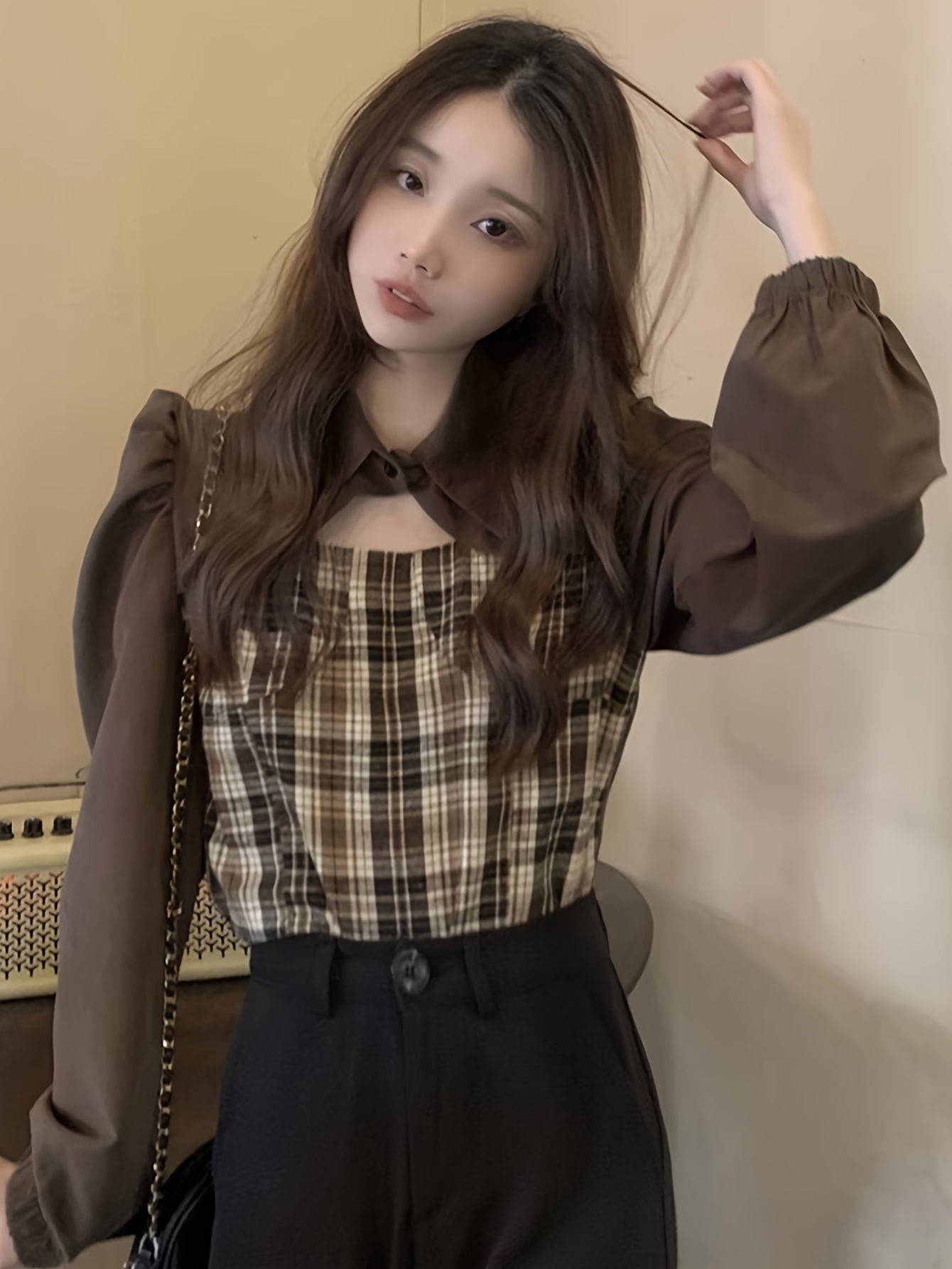 Sixsr Plaid Splicing Turn Down Collar Shirt, Casual Long Sleeve Every Day Shirt, Women's Clothing