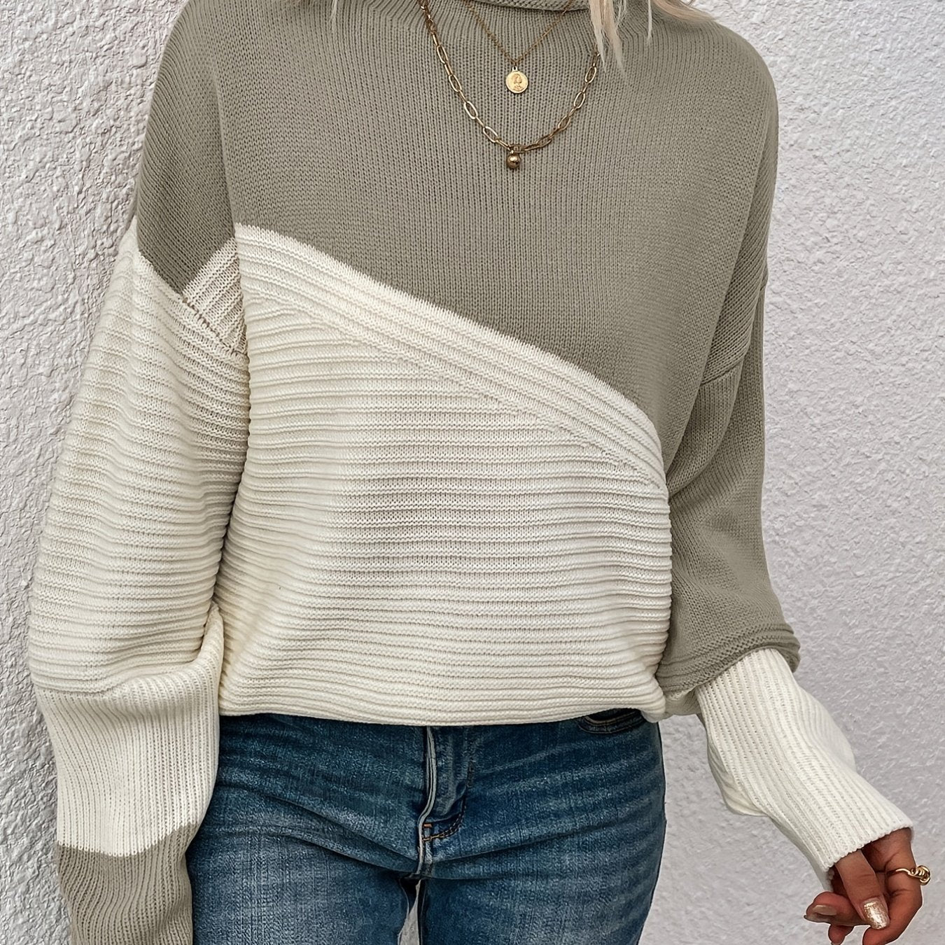 Sixsr Color Block Loose Pullover Sweater, Elegant Long Sleeve Drop Shoulder Sweater, Women's Clothing