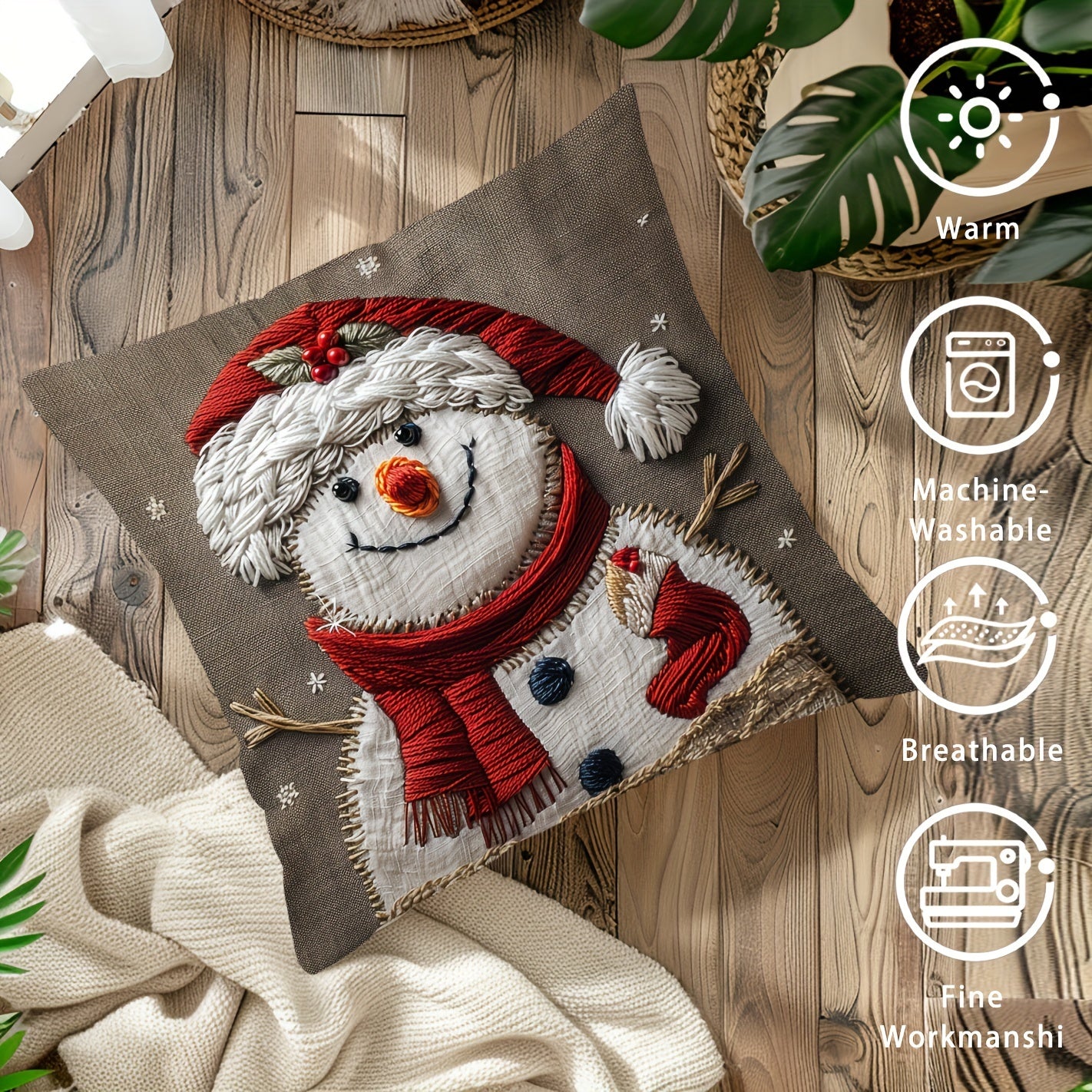 17.7" x 17.7" Vibrant Festive Christmas Snowman Throw Pillow Cover - Contemporary Style, Zip Closure, Hand Wash Only, Suitable for Sofa, Living Room, Bedroom Home Decoration - No Pillow Insert