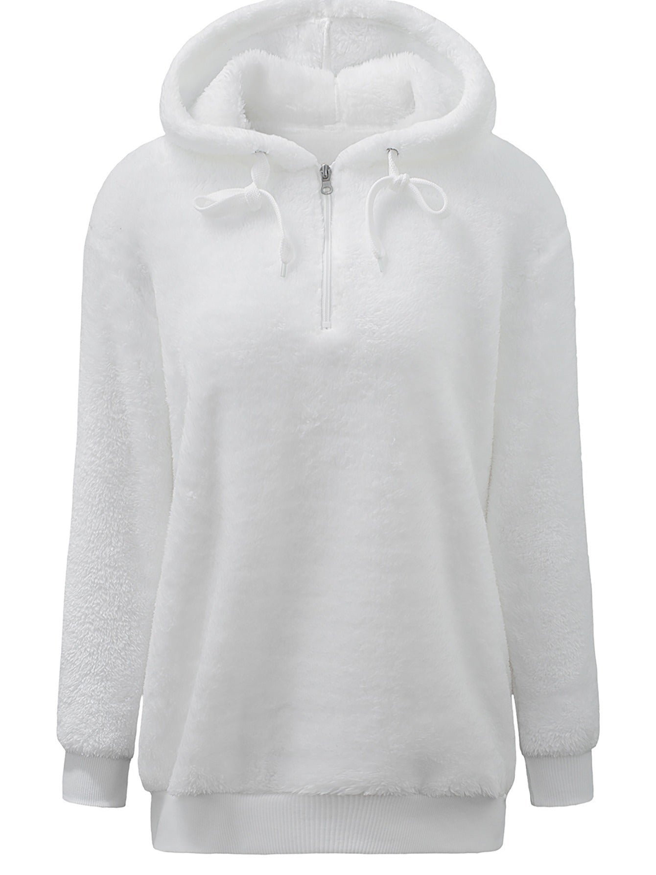 Sixsr Casual Drop Shoulder Drawstring Teddy Hoodie, Women's Solid Long Sleeve Half Zipper Sweatshirt Top