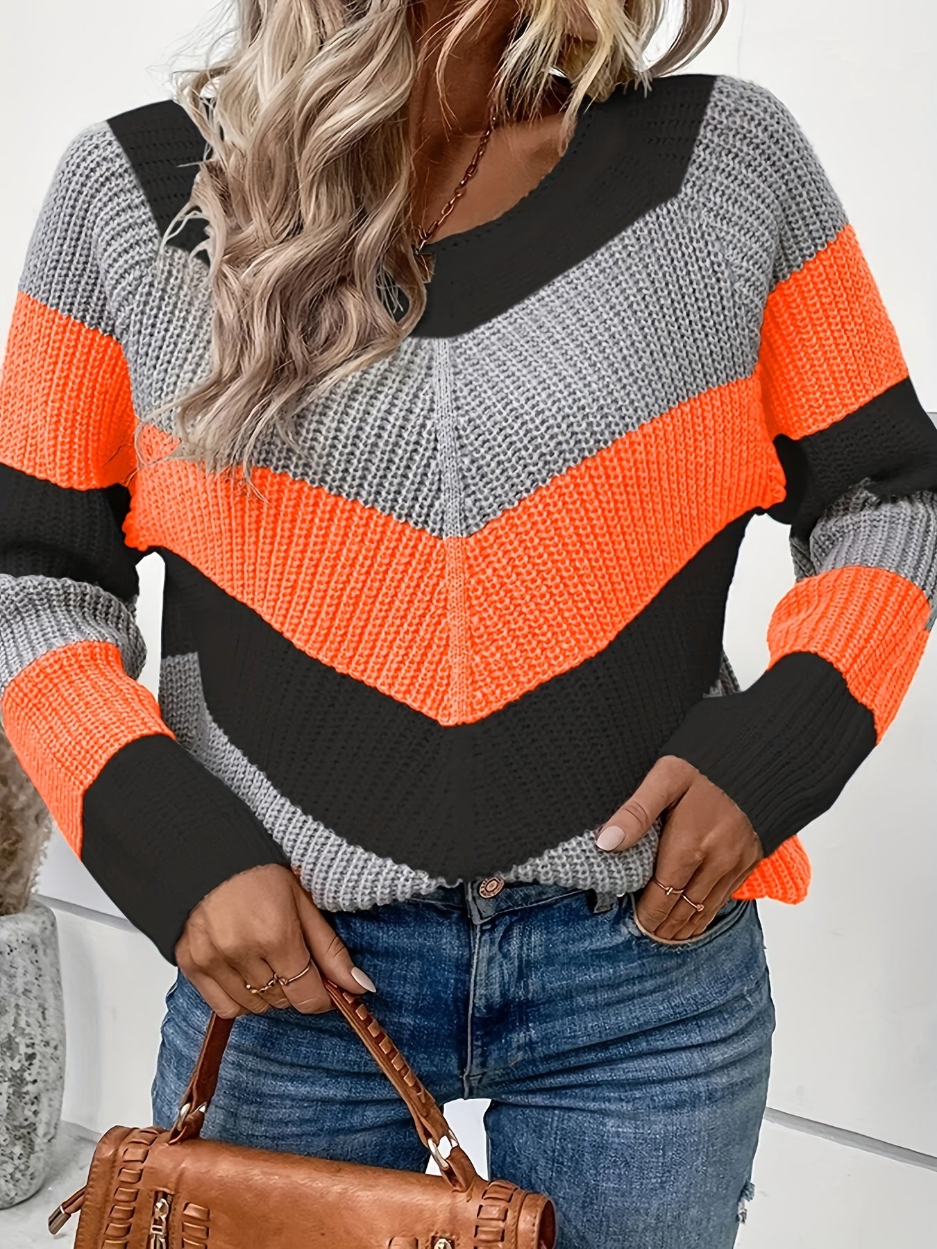 Sixsr Plus Size Casual Sweater, Women's Plus Colorblock Long Sleeve Round Neck Slight Stretch Sweater