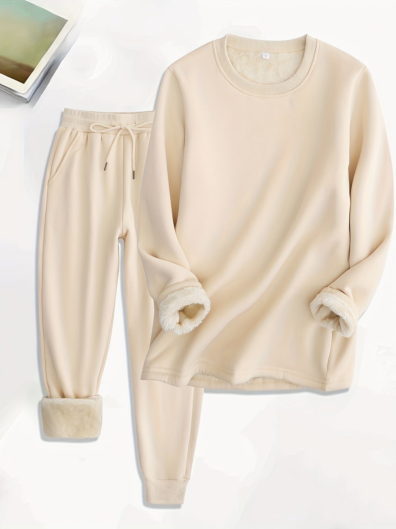 Sixsr Solid Fleece Two-piece Set, Casual Long Sleeve Sweatshirt & Drawstring Jogger Pants Outfits, Women's Clothing
