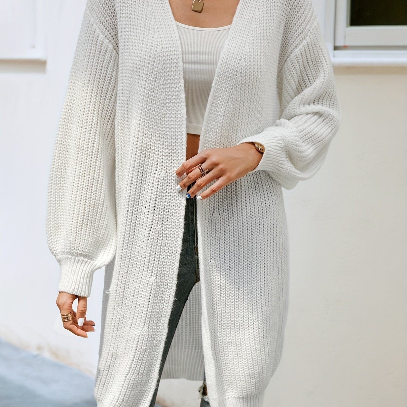 Sixsr Drop Shoulder Solid Knit Cardigan, Open Front Long Sleeve Sweater, Women's Clothing