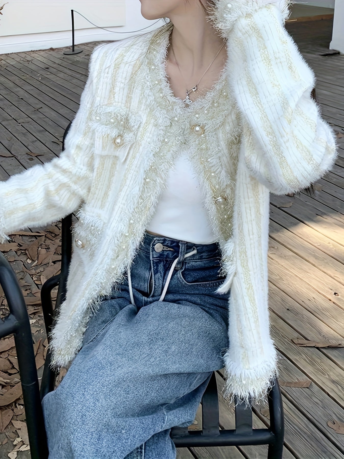 Sixsr Solid Beaded Button Outwear, Elegant Long Sleeve Knit Outwear For Fall & Winter, Women's Clothing