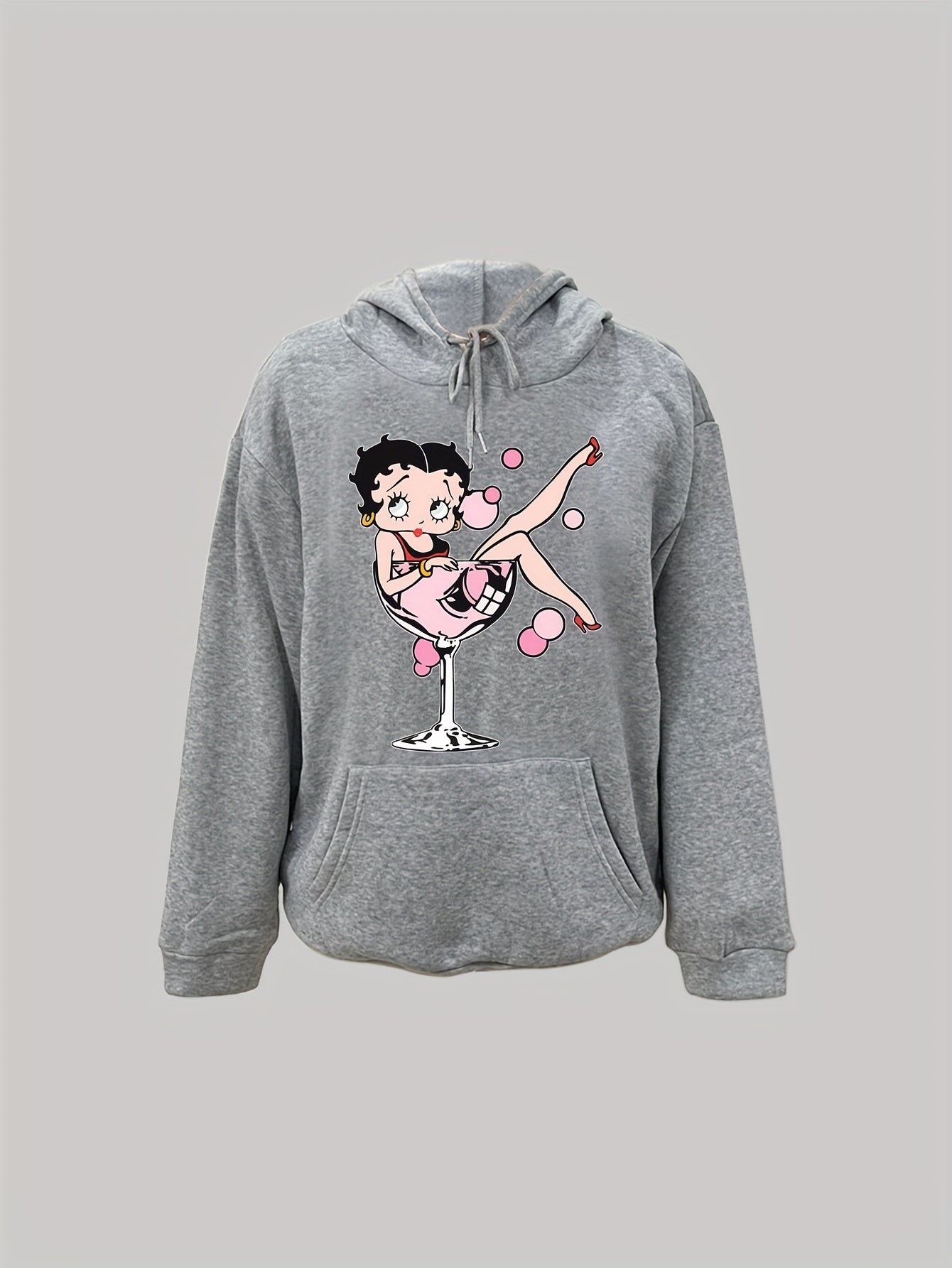 Sixsr Plus Size Casual Sweatshirt, Women's Plus Cartoon Figure Print Long Sleeve Drawstring Hooded Sweatshirt With Pockets