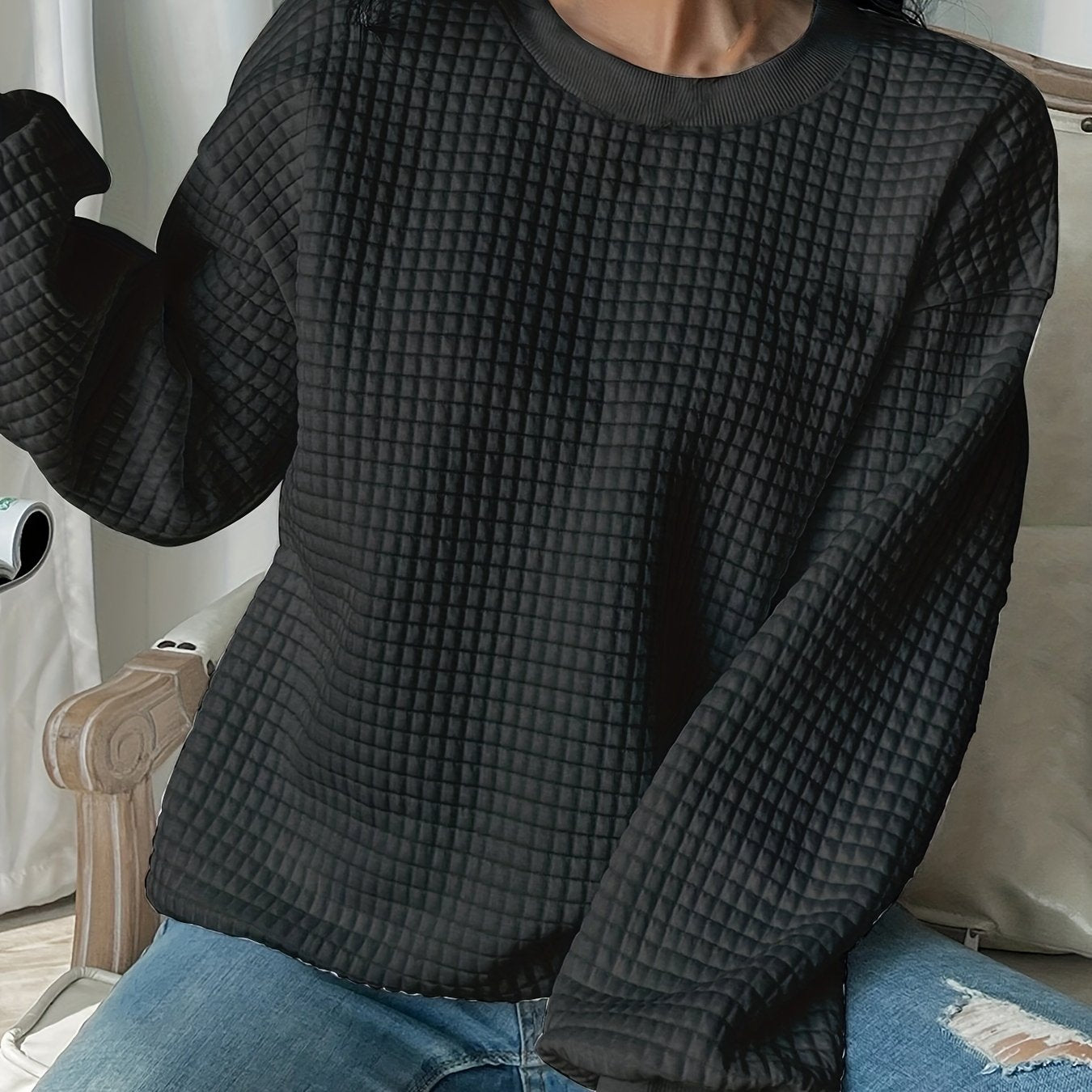 Sixsr Plus Size Casual Sweatshirt, Women's Plus Solid Waffle Pattern Long Sleeve Round Neck Sweatshirt