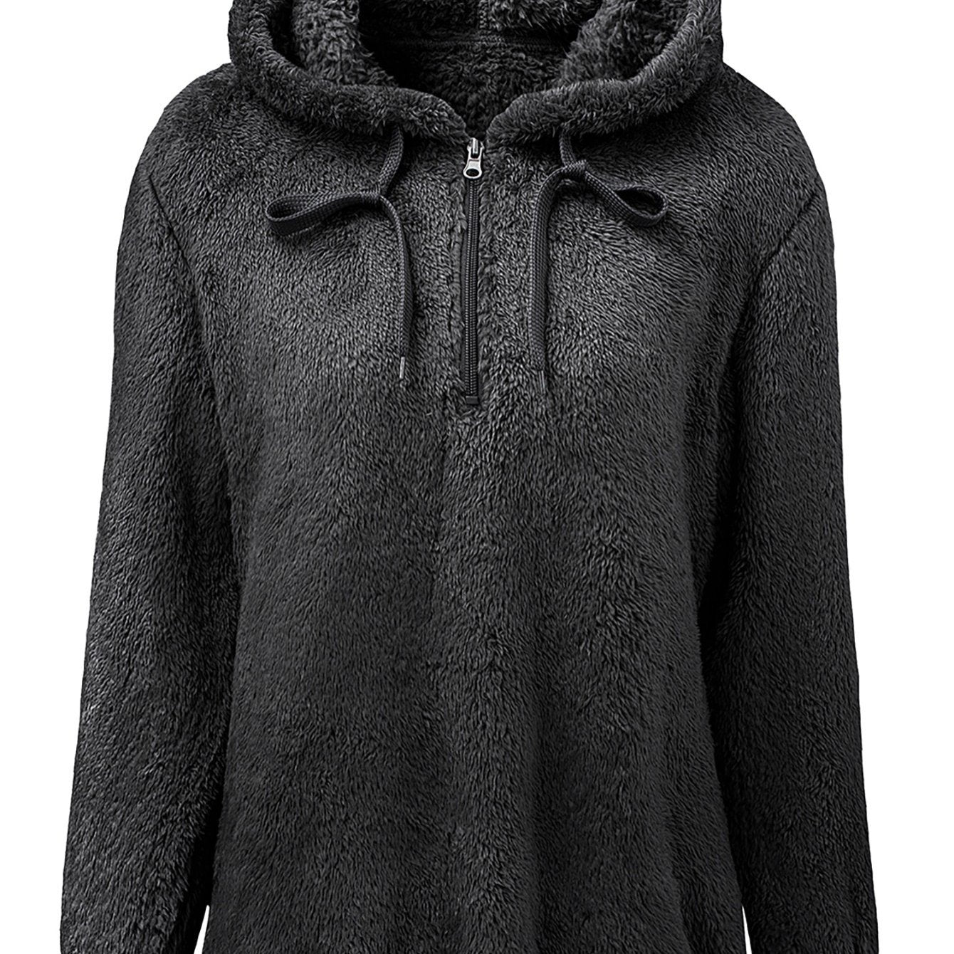 Sixsr Casual Drop Shoulder Drawstring Teddy Hoodie, Women's Solid Long Sleeve Half Zipper Sweatshirt Top