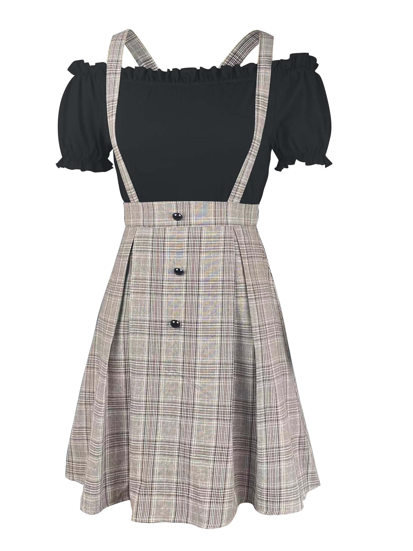 two-piece Plaid Print Suspender Skirt and Mini Dress Set - Elegant Women's Outfit for Daily Wear