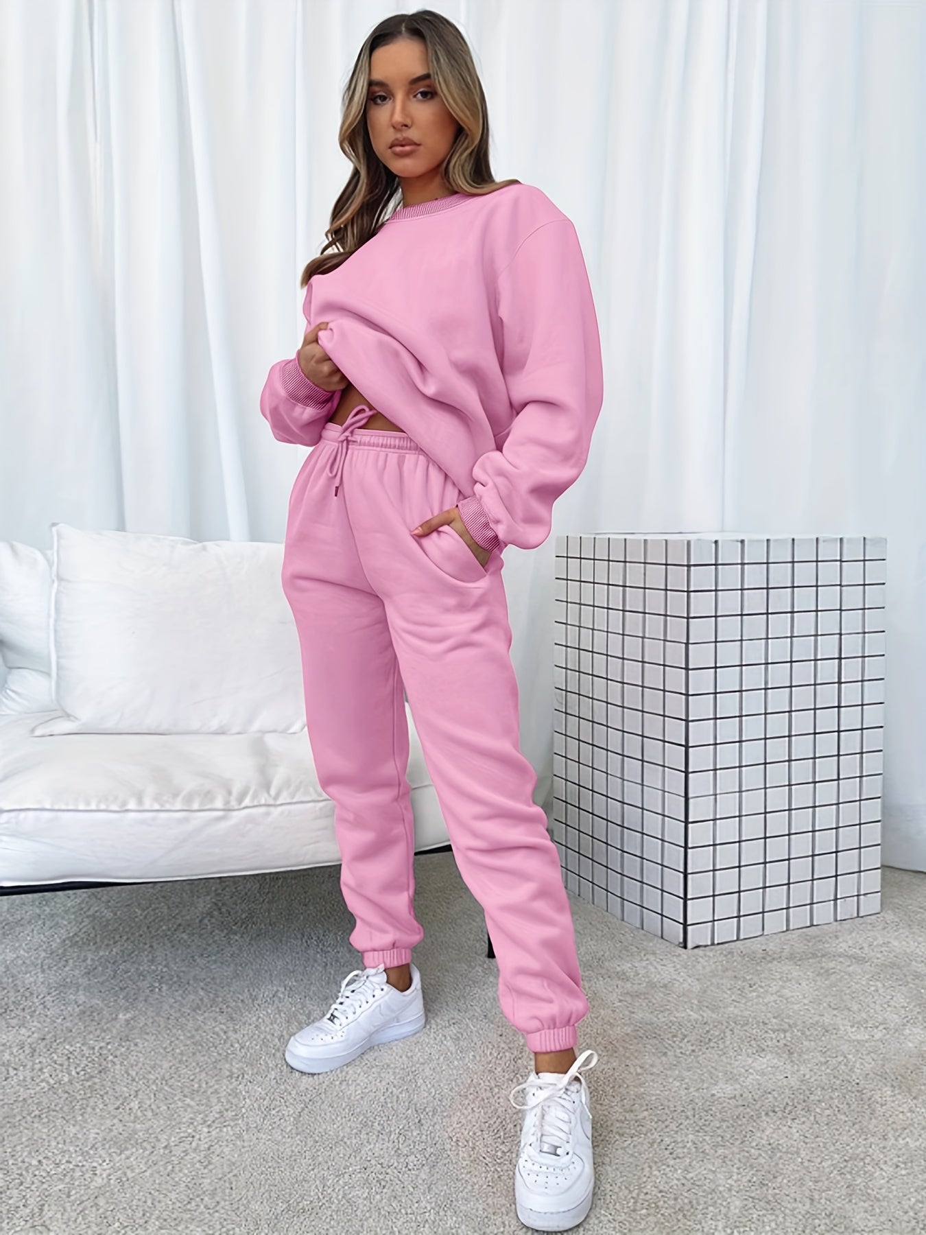 Sixsr Solid Casual Two-piece Set, Long Sleeve Crew Neck Sweatshirt & Drawstring Waist Jogger Pants Outfits, Women's Clothing