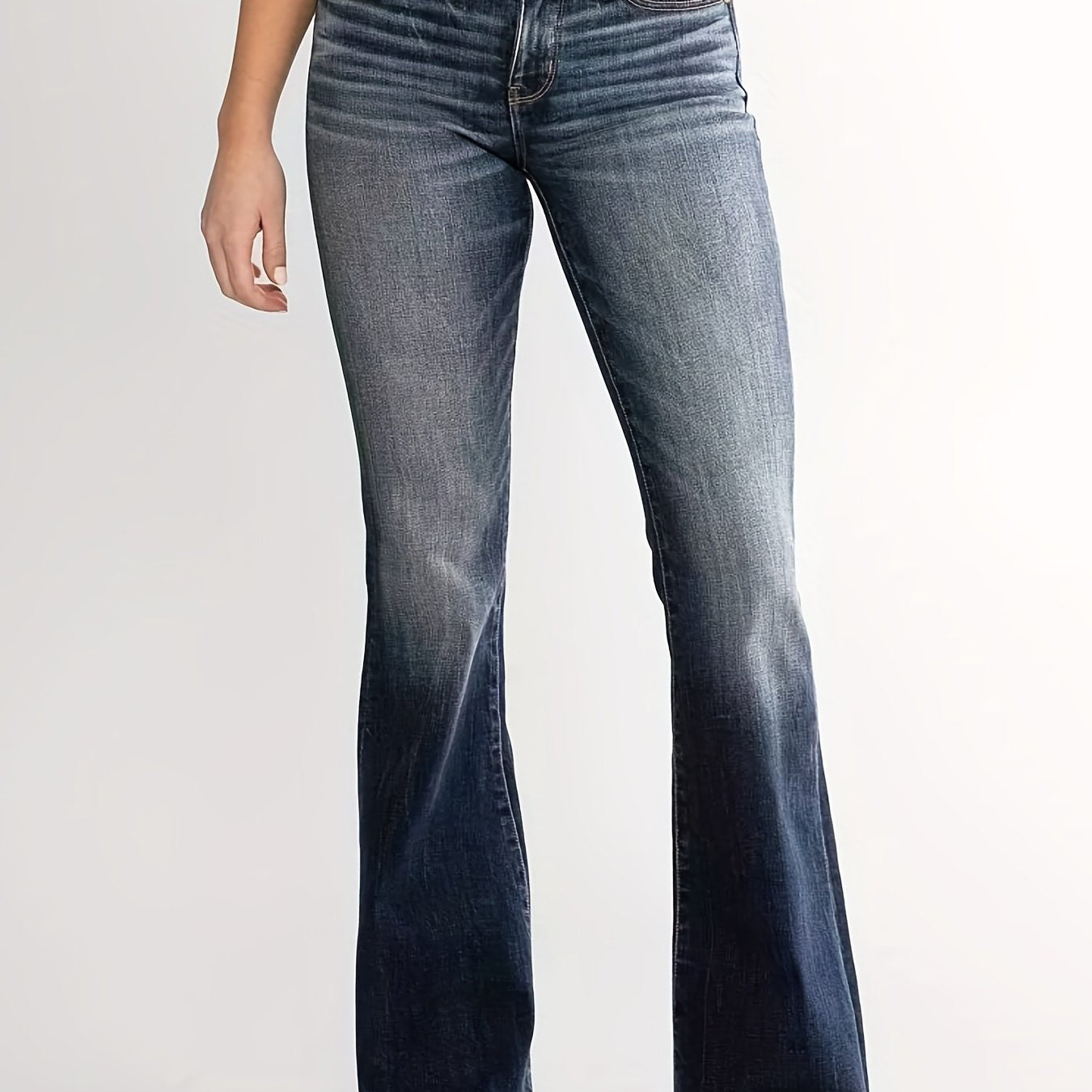 Sixsr Double Button Whiskering Flare Leg Jeans, Mid Waist Retro Faded Watter Tipple Embossed Denim Pants, Women's Denim Jeans & Clothing