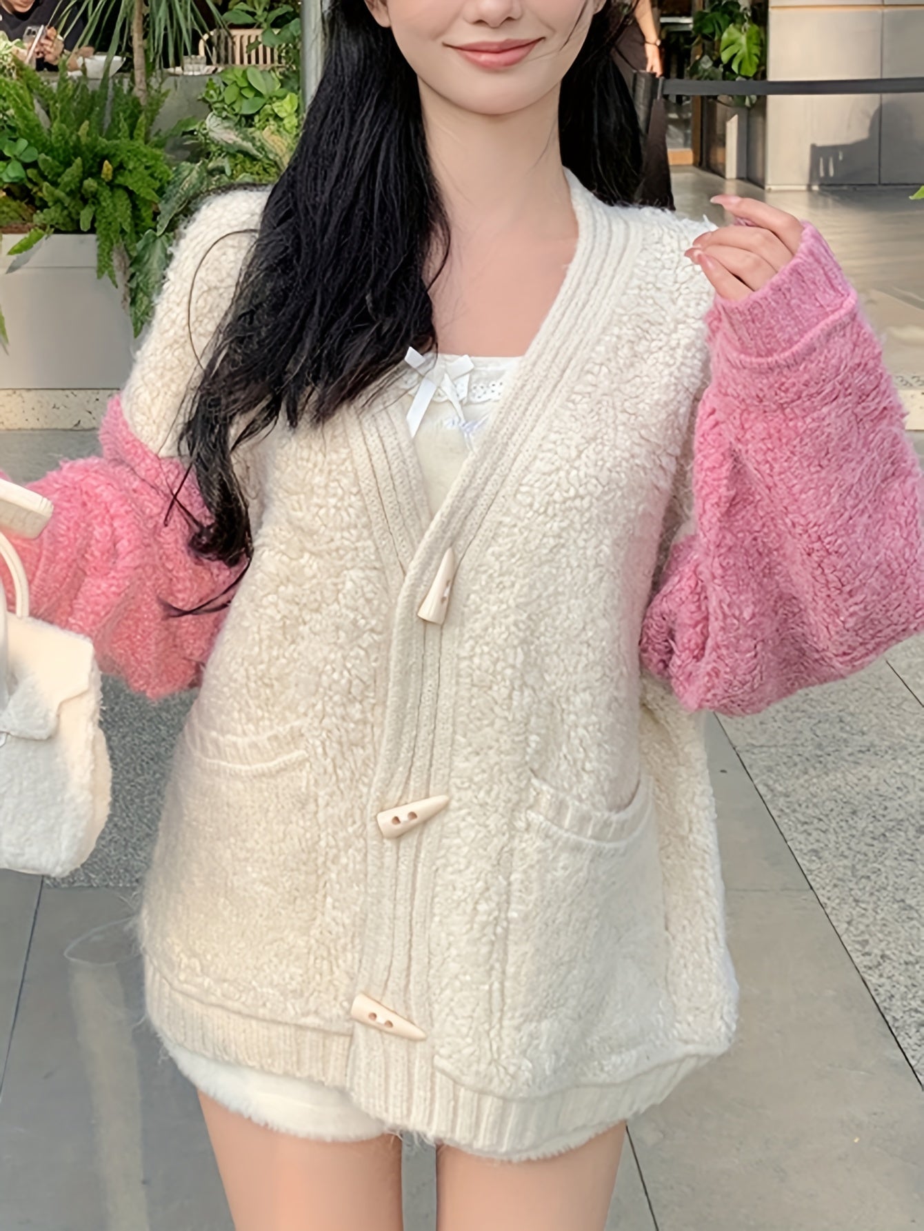 Sixsr Color Block Button Down Knit Cardigan, Casual Long Sleeve Pocket Fuzzy Sweater, Women's Clothing
