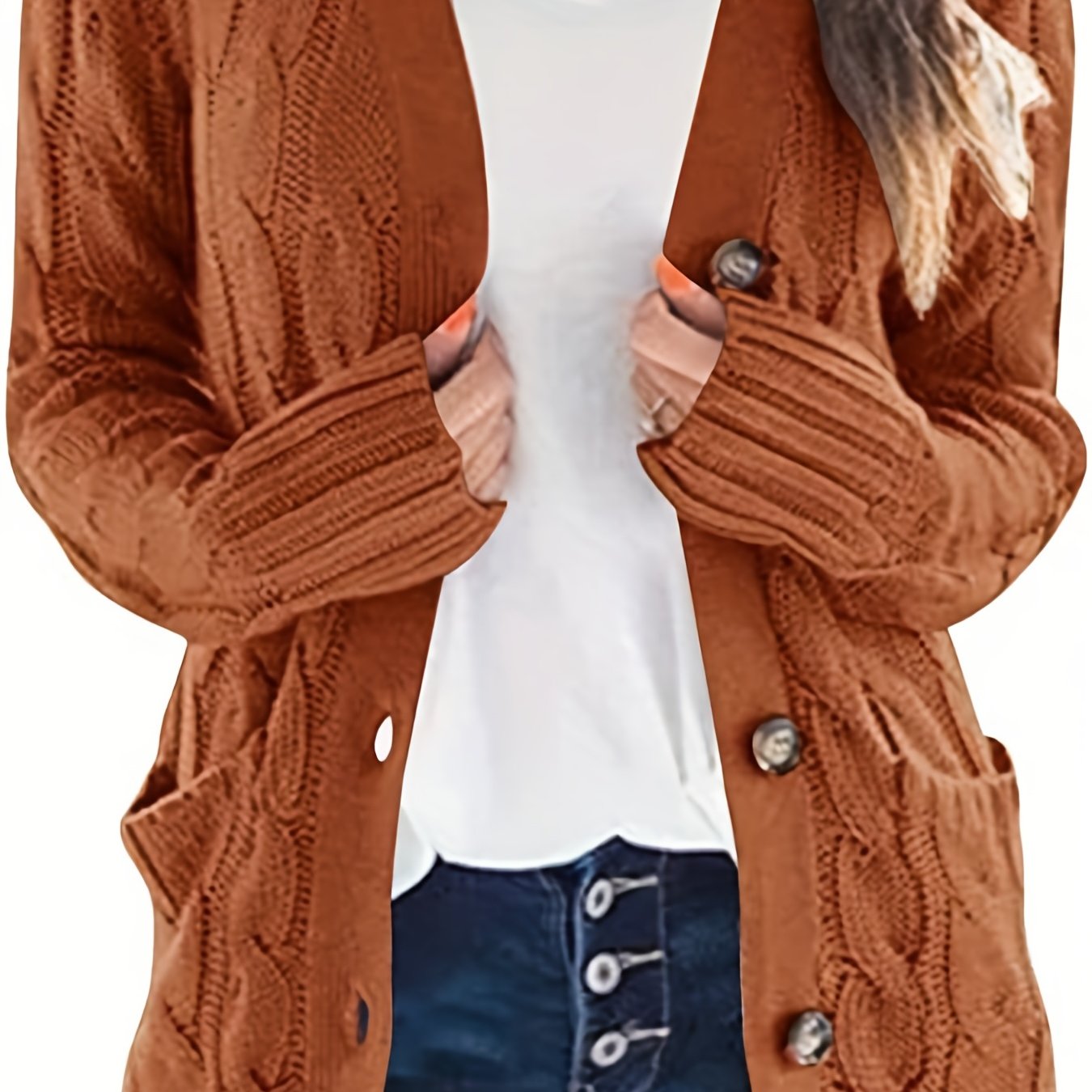 Sixsr Cable Knit Button Front Cardigan, Casual Solid Long Sleeve Cardigan For Fall & Winter, Women's Clothing