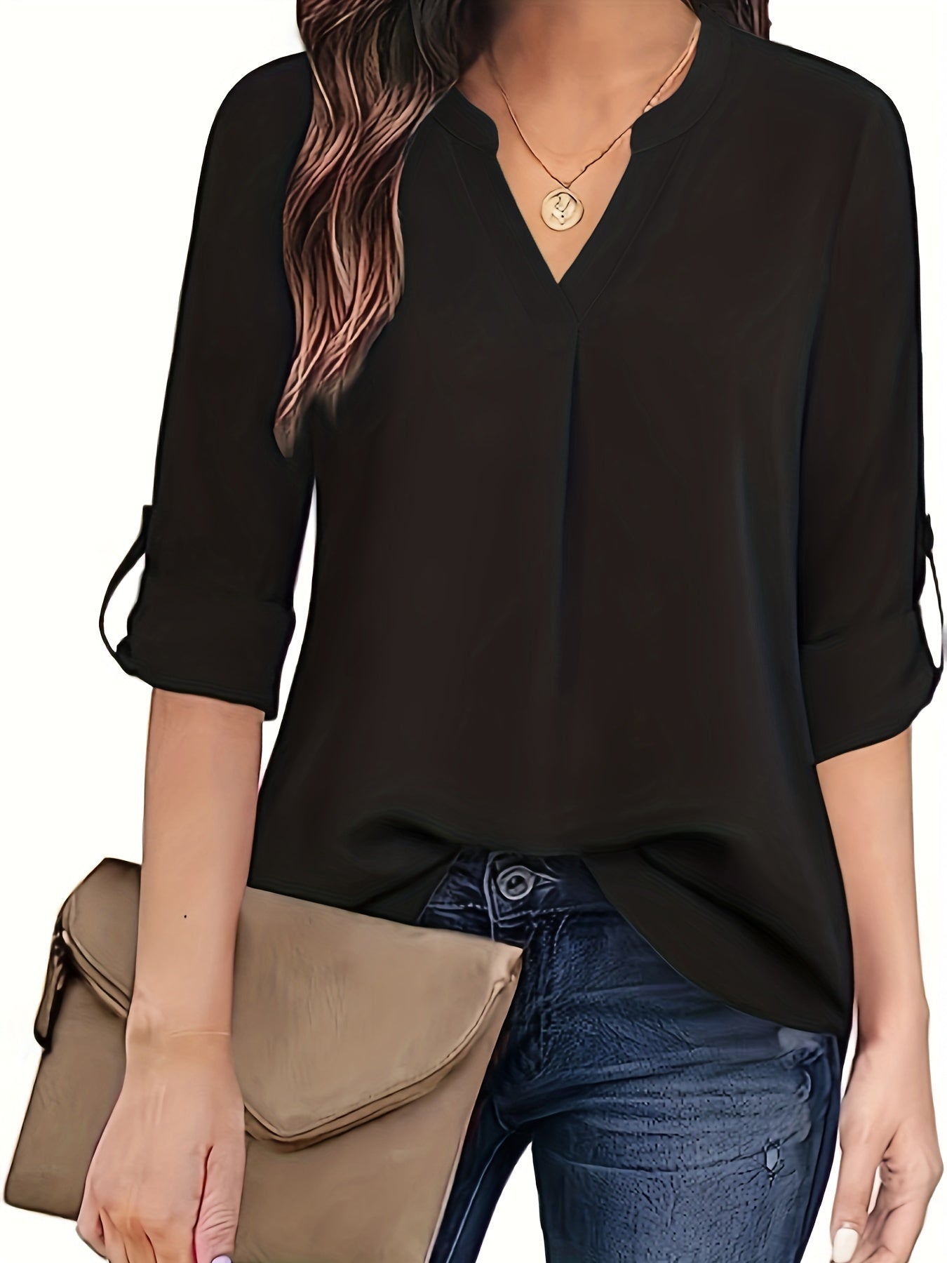 Sixsr Solid Simple Blouse, Casual V Neck Long Sleeve Blouse, Women's Clothing