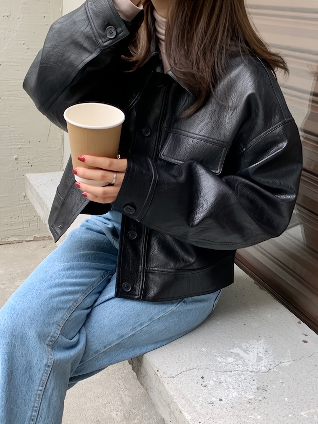 Sixsr Solid Faux Leather Vintage Jacket, Long Sleeve Single Breasted Outwear For Fall & Winter, Women's Clothing