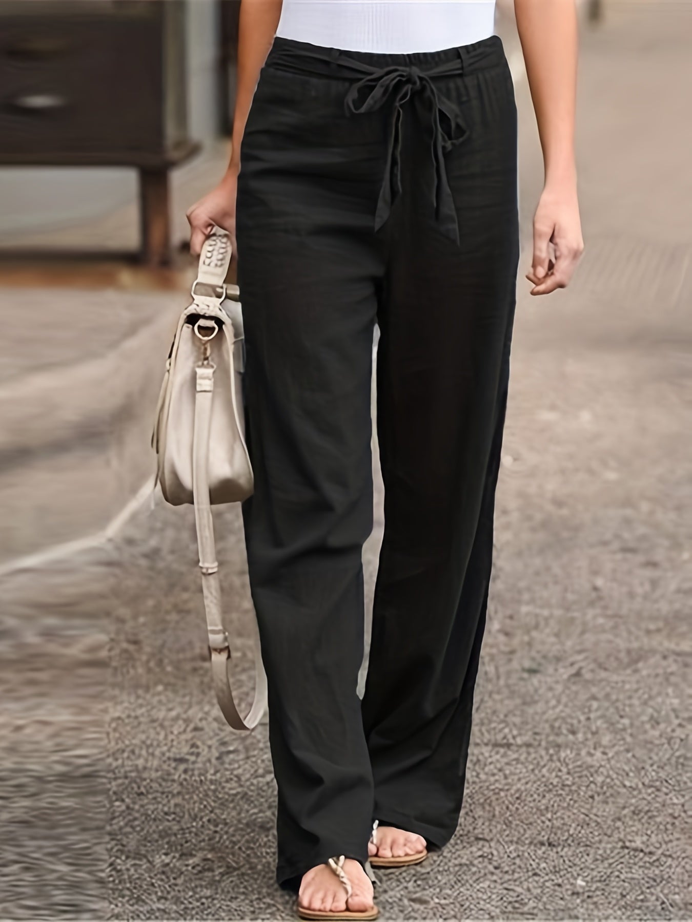 Sixsr Solid Tie Waist Pants, Casual High Waist Wide Leg Long Length Pants, Women's Clothing