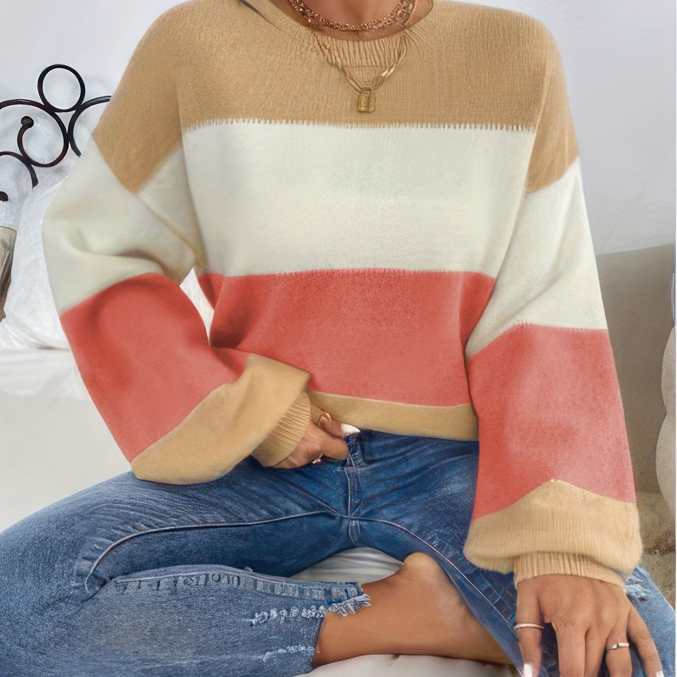 Sixsr Color Block Drop Shoulder Sweater, Casual Lantern Sleeve Pullover Knitted Top, Women's Clothing