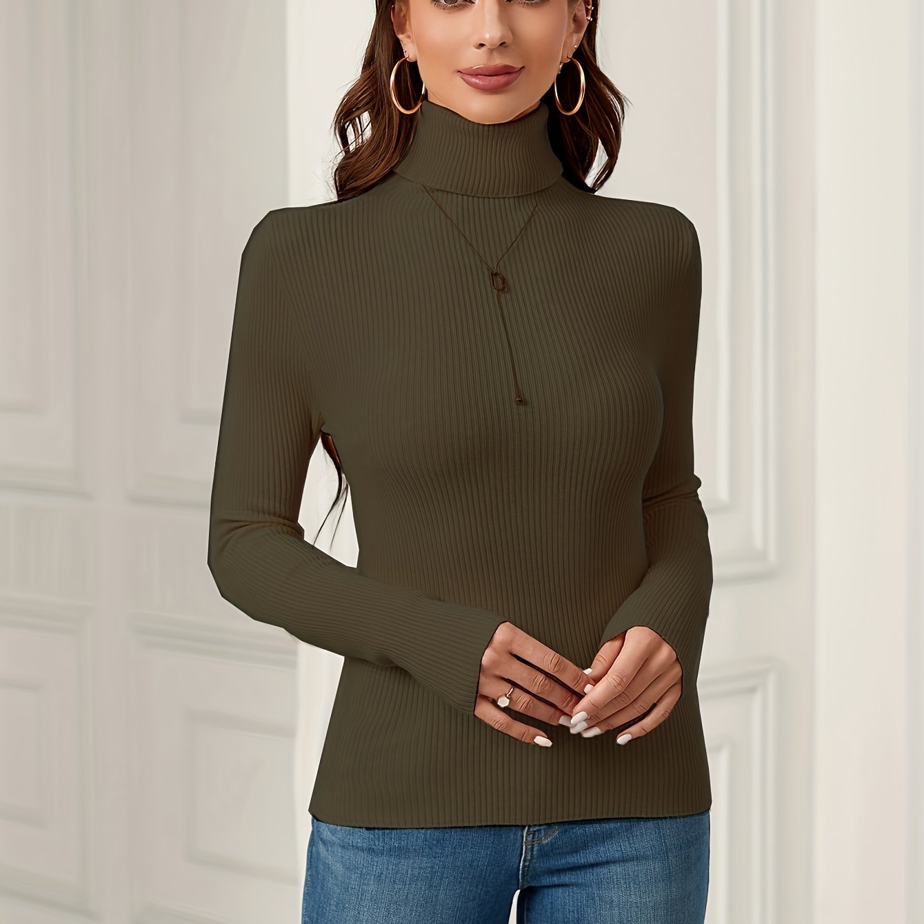 Sixsr Women's Sweater Turtleneck Solid Ribbed Long Sleeve Slim Pullover Knit Tops