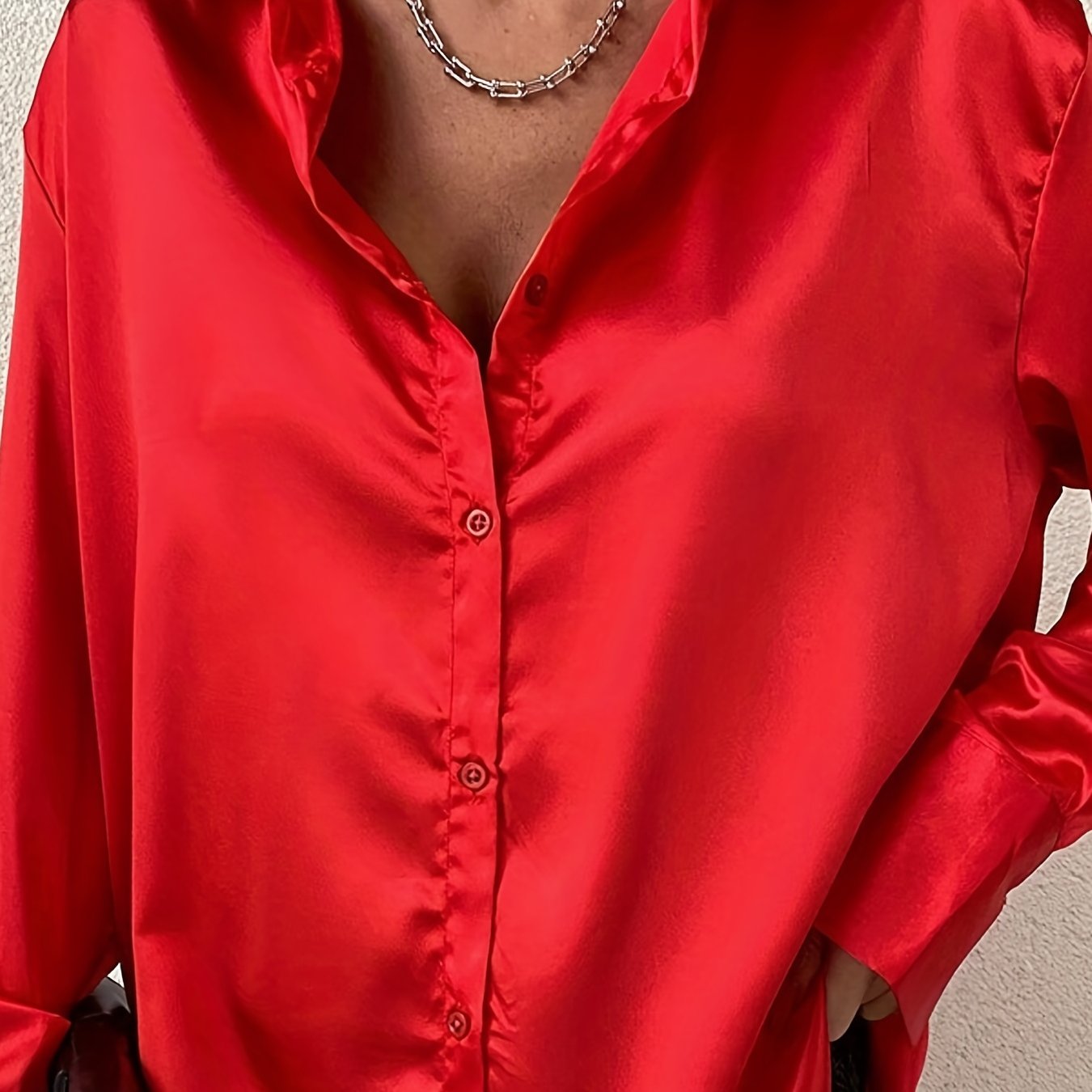 Sixsr Solid Button Front Shirt, Casual Satin Long Sleeve Collar Shirt, Women's Clothing