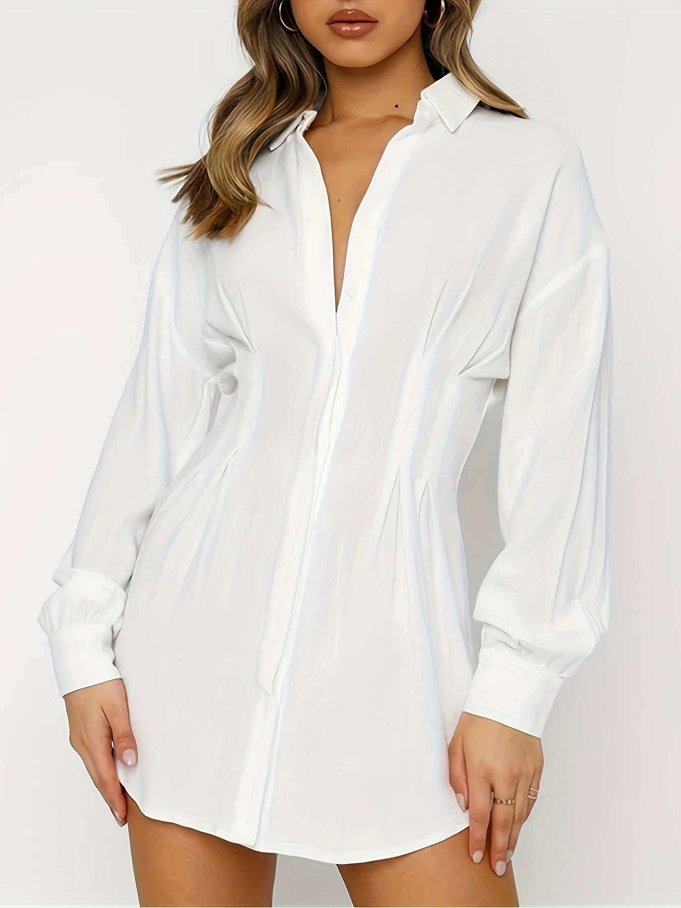 Sixsr Button Front Tucked Shirt Dress, Stylish Cuff Sleeve Lapel Dress For Spring & Fall, Women's Clothing