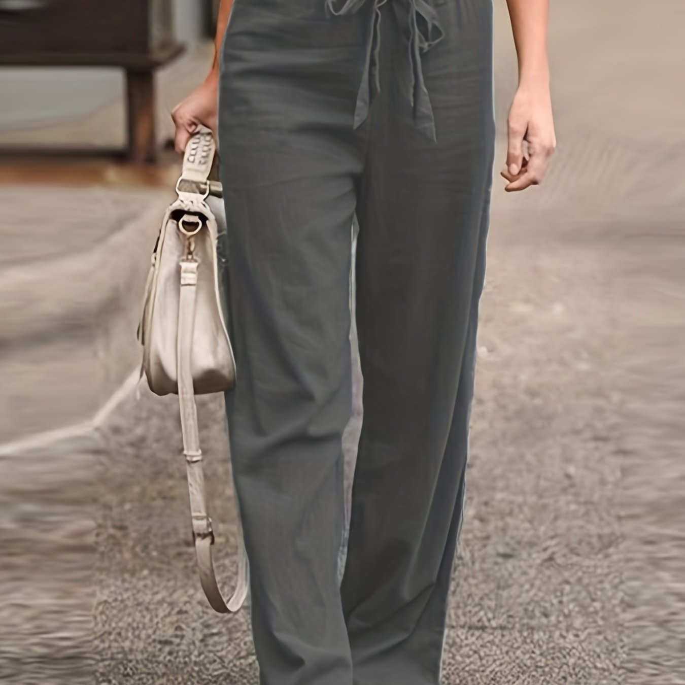 Sixsr Solid Tie Waist Pants, Casual High Waist Wide Leg Long Length Pants, Women's Clothing