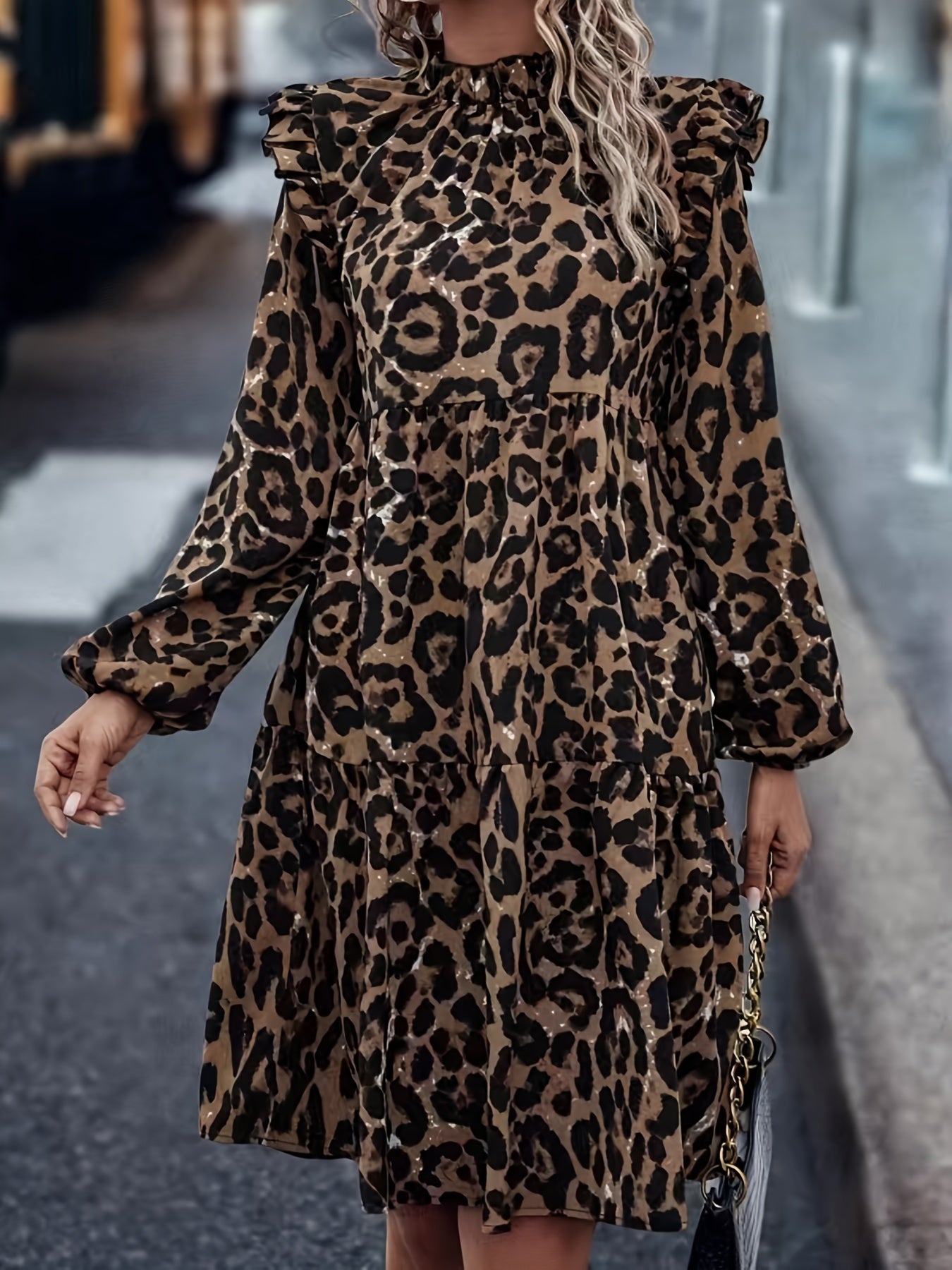 Sixsr Leopard Print Mock Neck Dress, Elegant Long Sleeve Ruffle Trim Dress, Women's Clothing