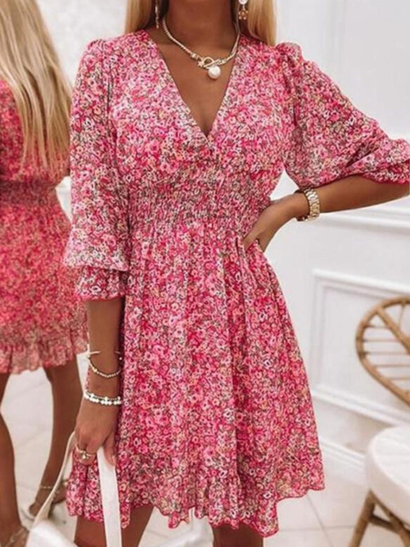Sixsr Women's Dresses Puff Sleeve Floral Print Ruched Waist V-Neck Boho Dresses