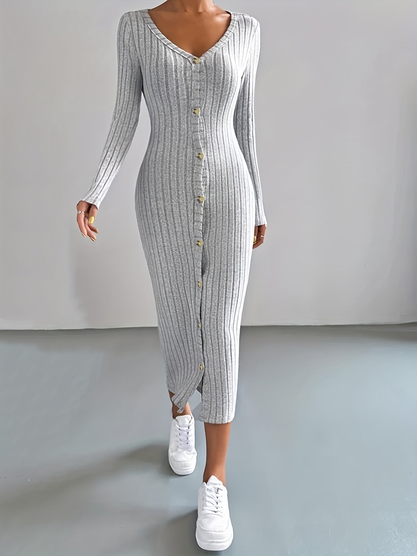 Sixsr Plus Size Casual Sweater Dress, Women's Plus Solid Ribbed Button Up Long Sleeve V Neck Medium Stretch Slim Fit Dress