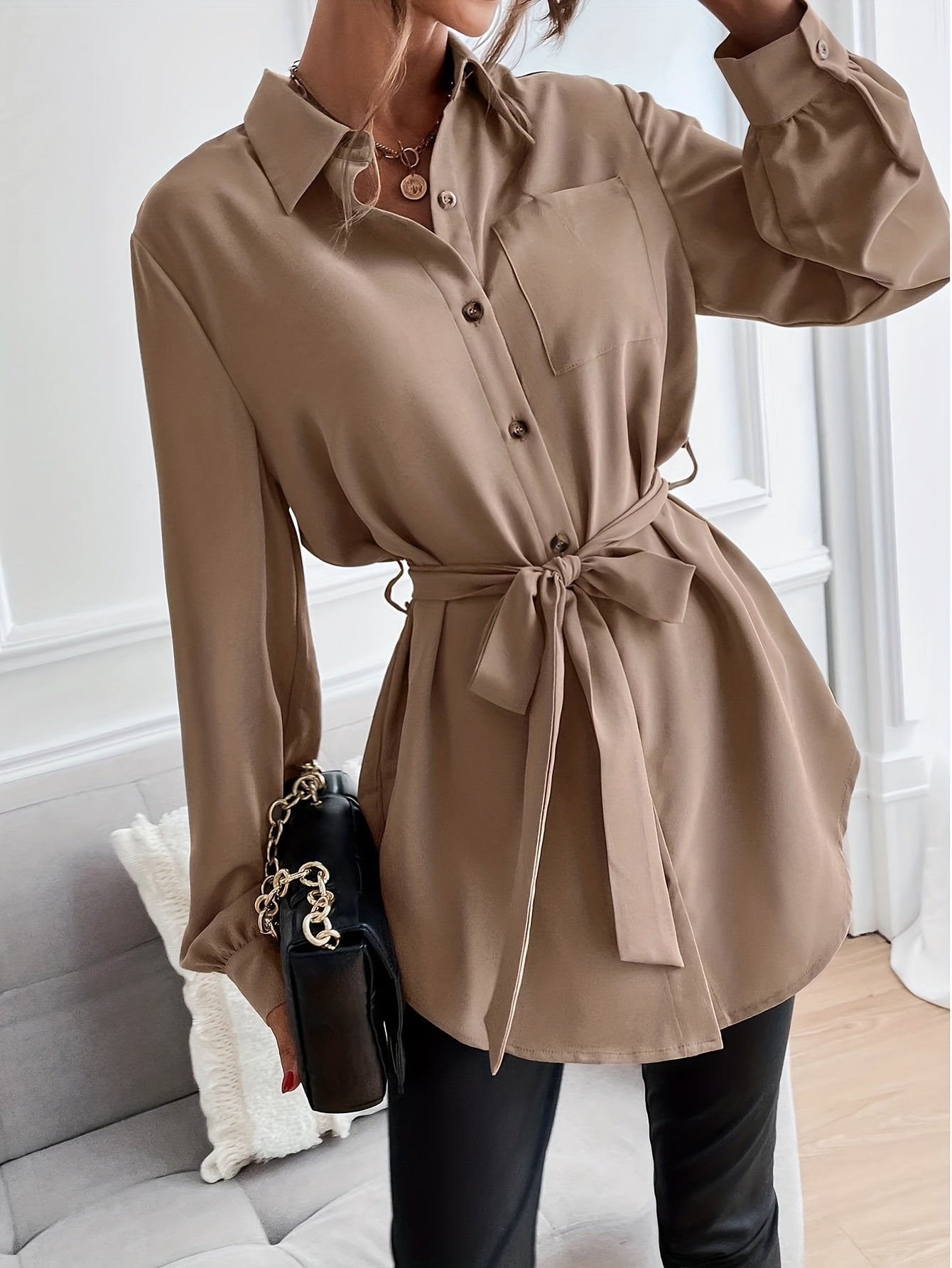 Sixsr Solid Pocket Polo Collar Belted Blouse, Casual Long Sleeve Blouse For Spring & Fall, Women's Clothing