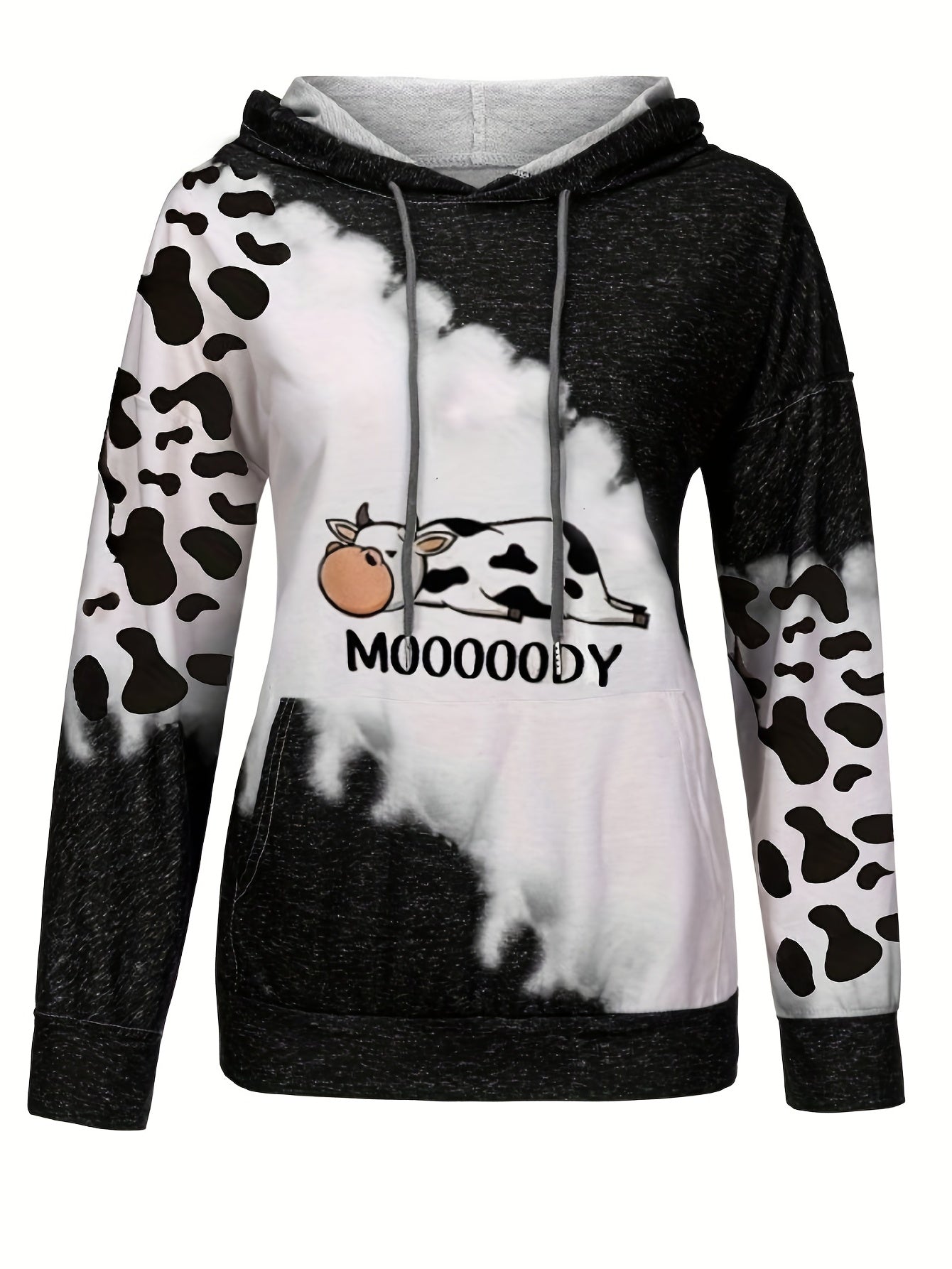 Sixsr Cow & Letter Print Hoodies, Casual Drawstring Kangaroo Pocket Sweatshirt, Women's Clothing
