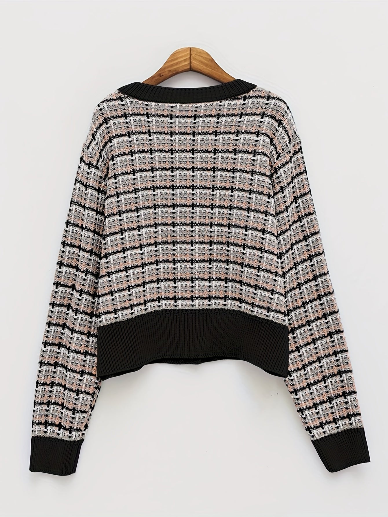 Sixsr Plaid Pattern V Neck Button Up Cardigan, Casual Long Sleeve Fake Pockets Cardigan For Spring & Fall, Women's Clothing