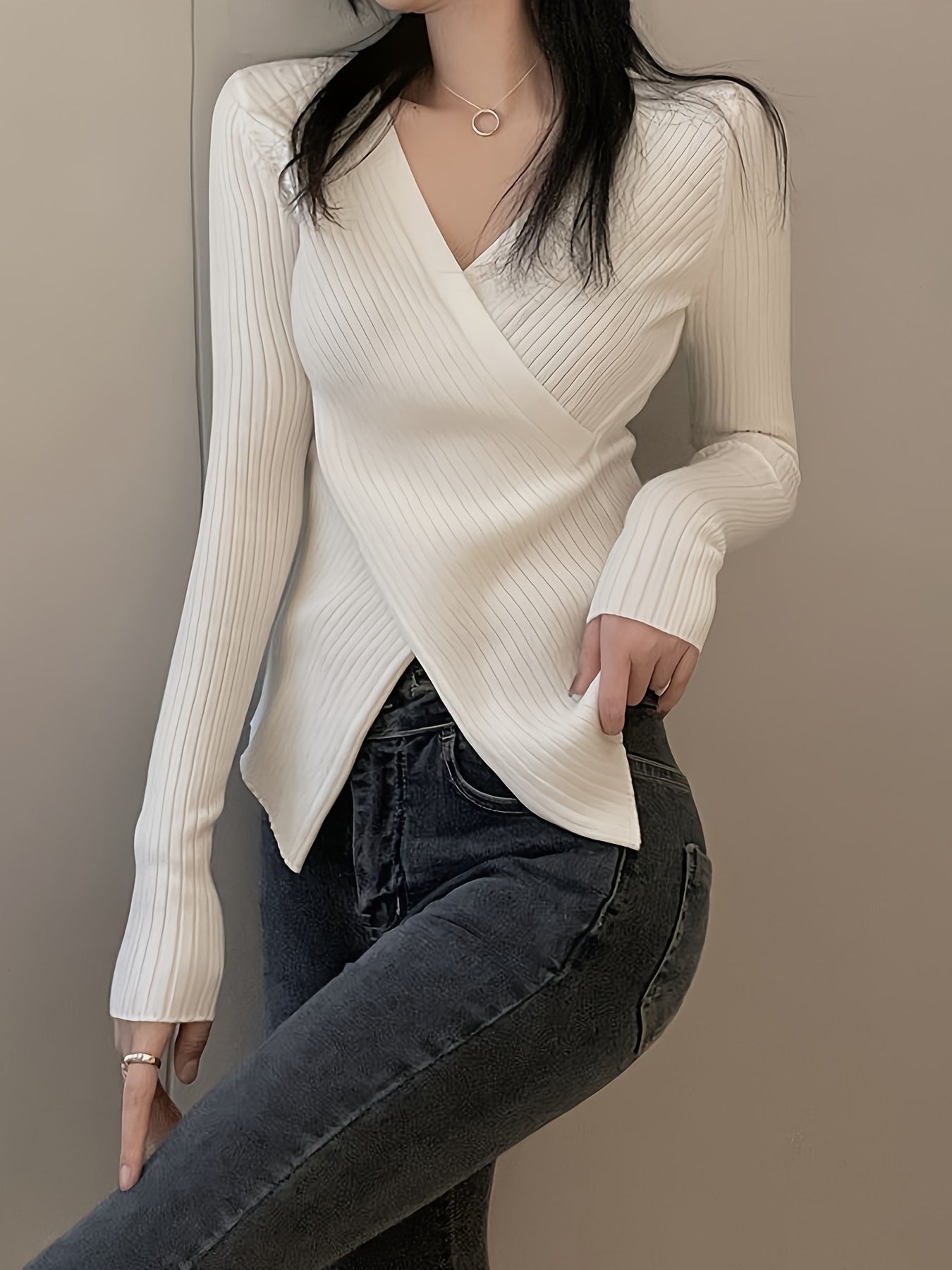 Sixsr Solid Cross Front Knitted Top, Casual Long Sleeve V Neck Slim Sweater, Women's Clothing