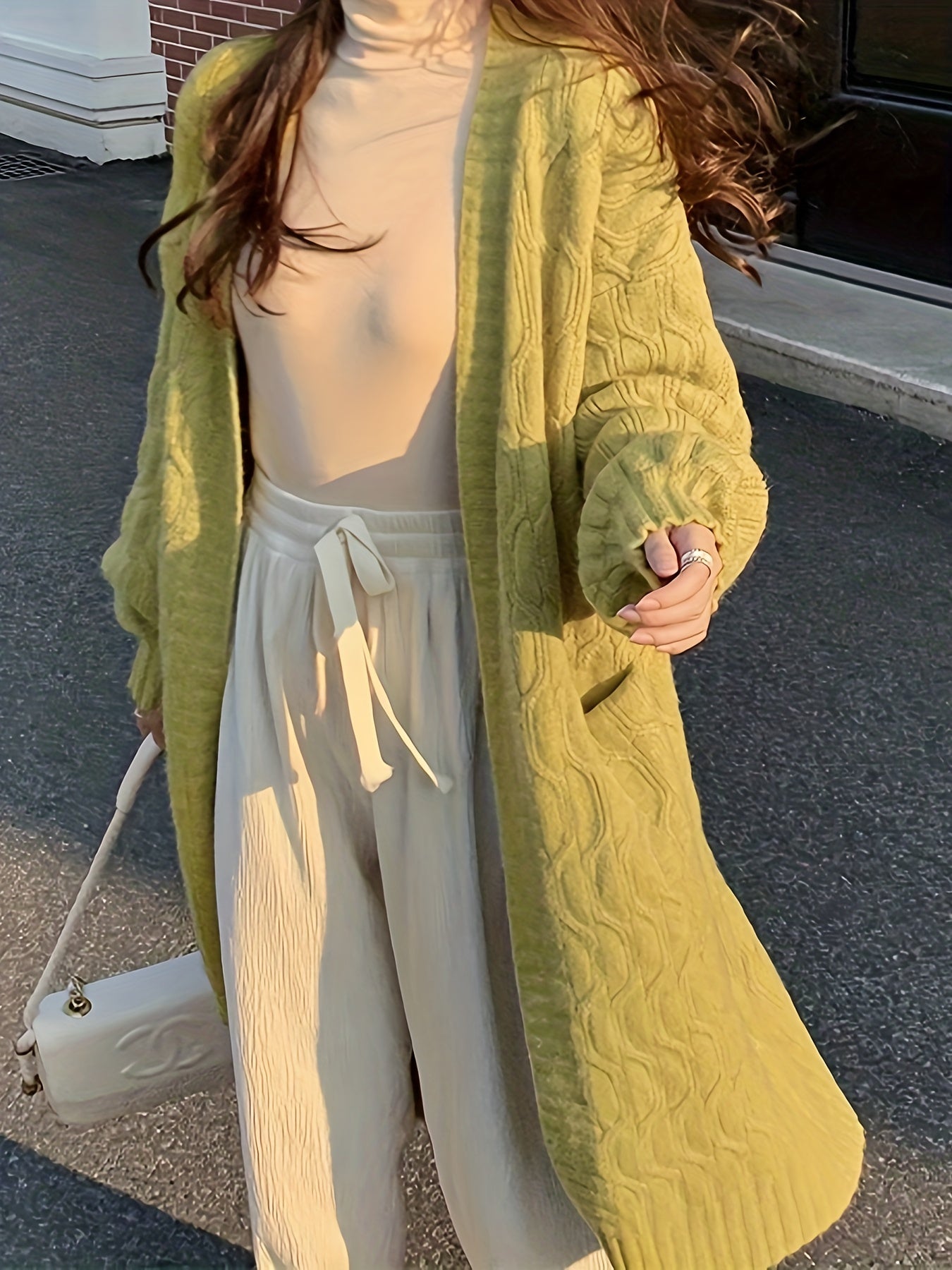 Sixsr Solid Open Front Cable Knit Cardigan, Casual Long Sleeve Warm Sweater Coat With Pocket, Women's Clothing