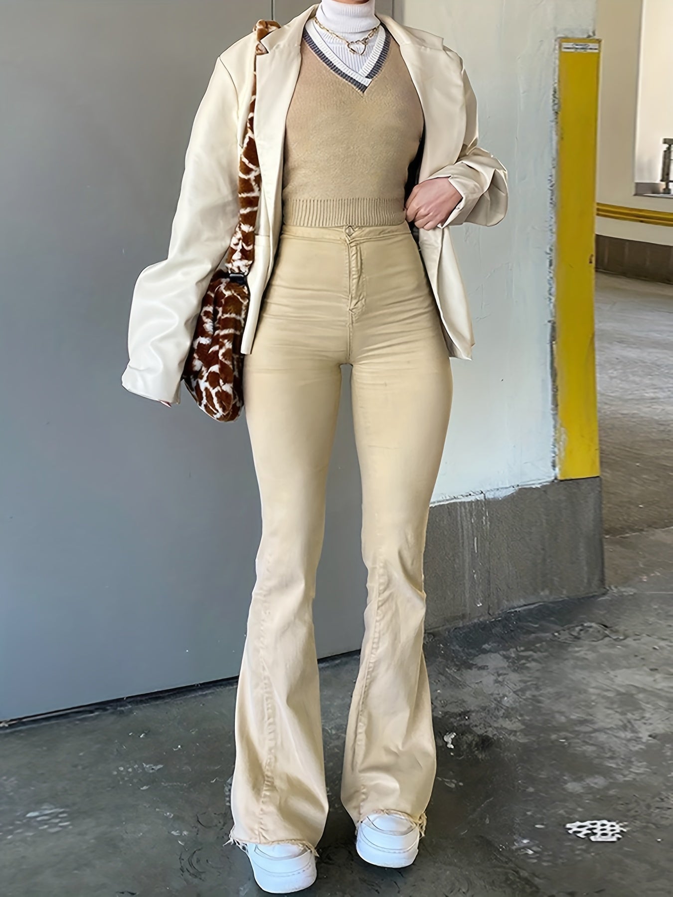 Sixsr Denim Print Flare Leg Pants, Vintage High Waist Pants For Fall & Winter, Women's Clothing