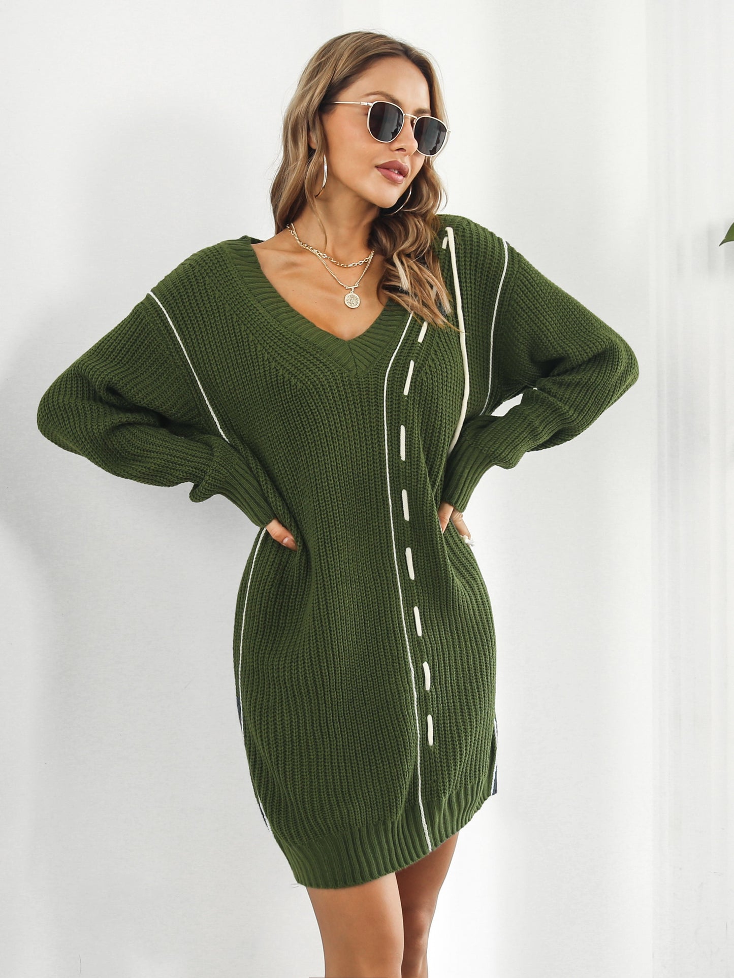 Sixsr Women's Sweater Drawstring Sweater Skirt V Neck Long Sleeve Knit Sweater Dress