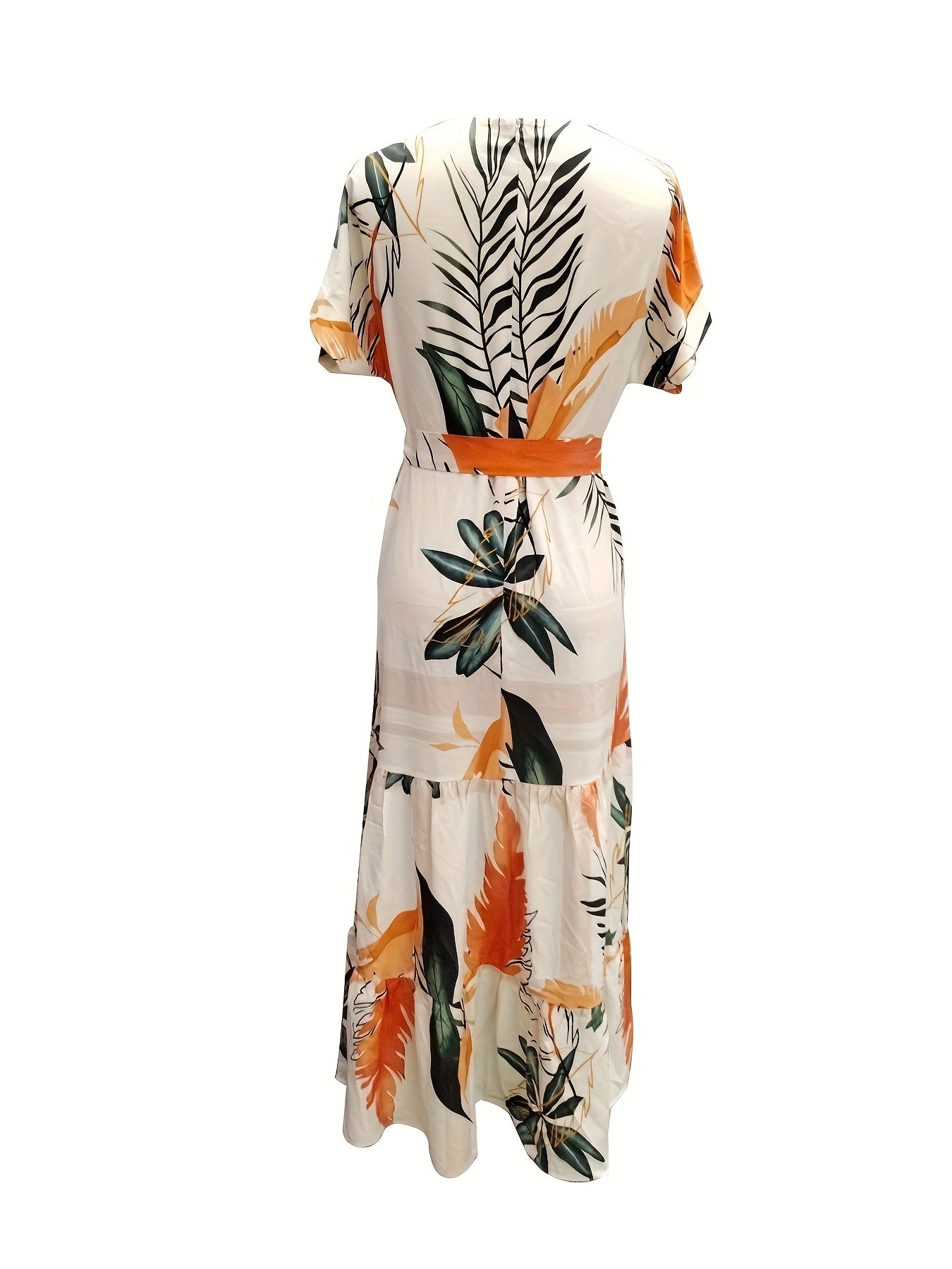 Floral Print Crew Neck Dress, Elegant Short Sleeve Floor Length Dress For Spring & Summer, Women's Clothing