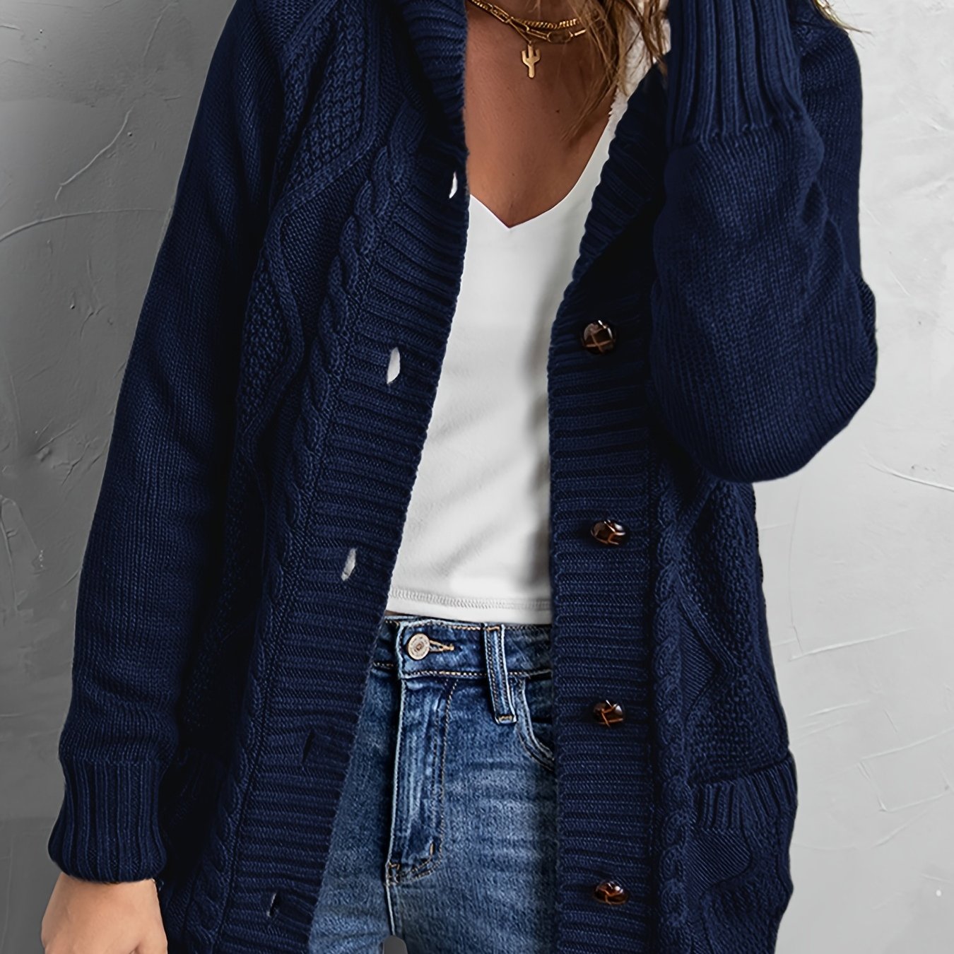 Sixsr Oversized Knit Hoodie, Long Chunky Knit Front Pocket Hooded Cardigan Sweater, Casual Tops For Fall & Winter, Women's Clothing
