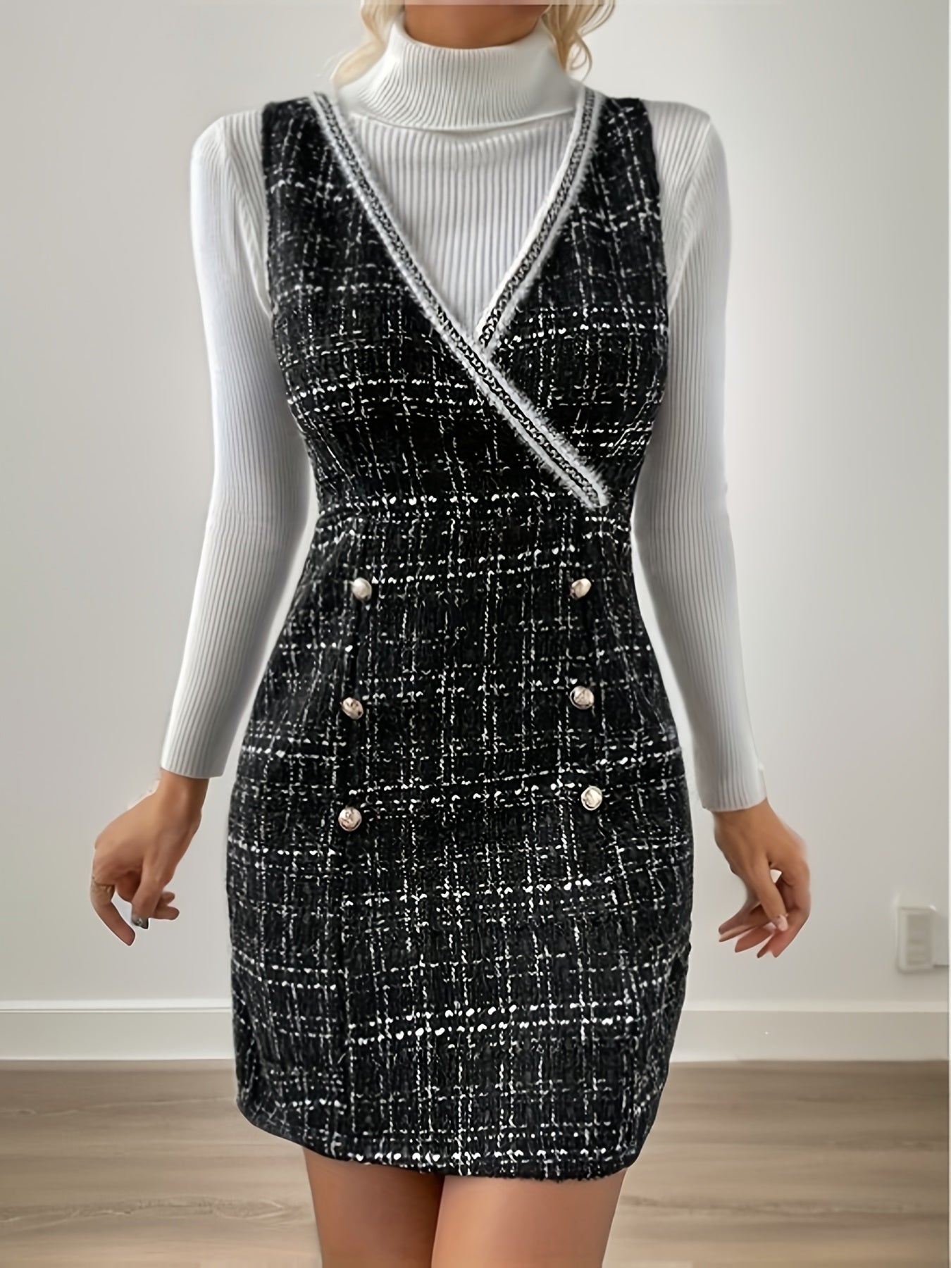 Sixsr Plaid Print Surplice Neck Sleeveless Dress, Elegant Double Breasted Bodycon Dress, Women's Clothing