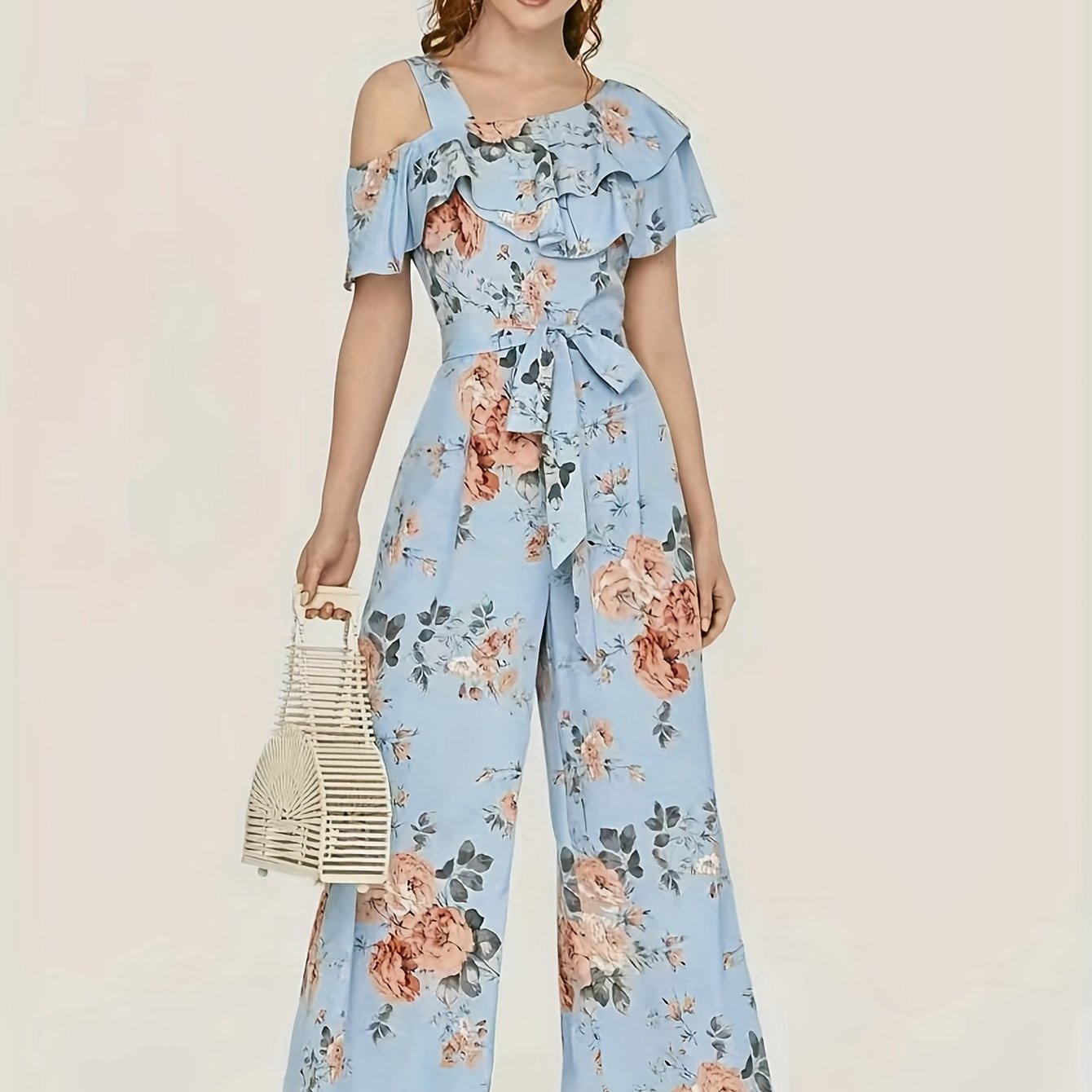 Floral Print Wide Leg Jumpsuit, Boho Ruffle Layered Hem Jumpsuit For Spring & Summer, Women's Clothing