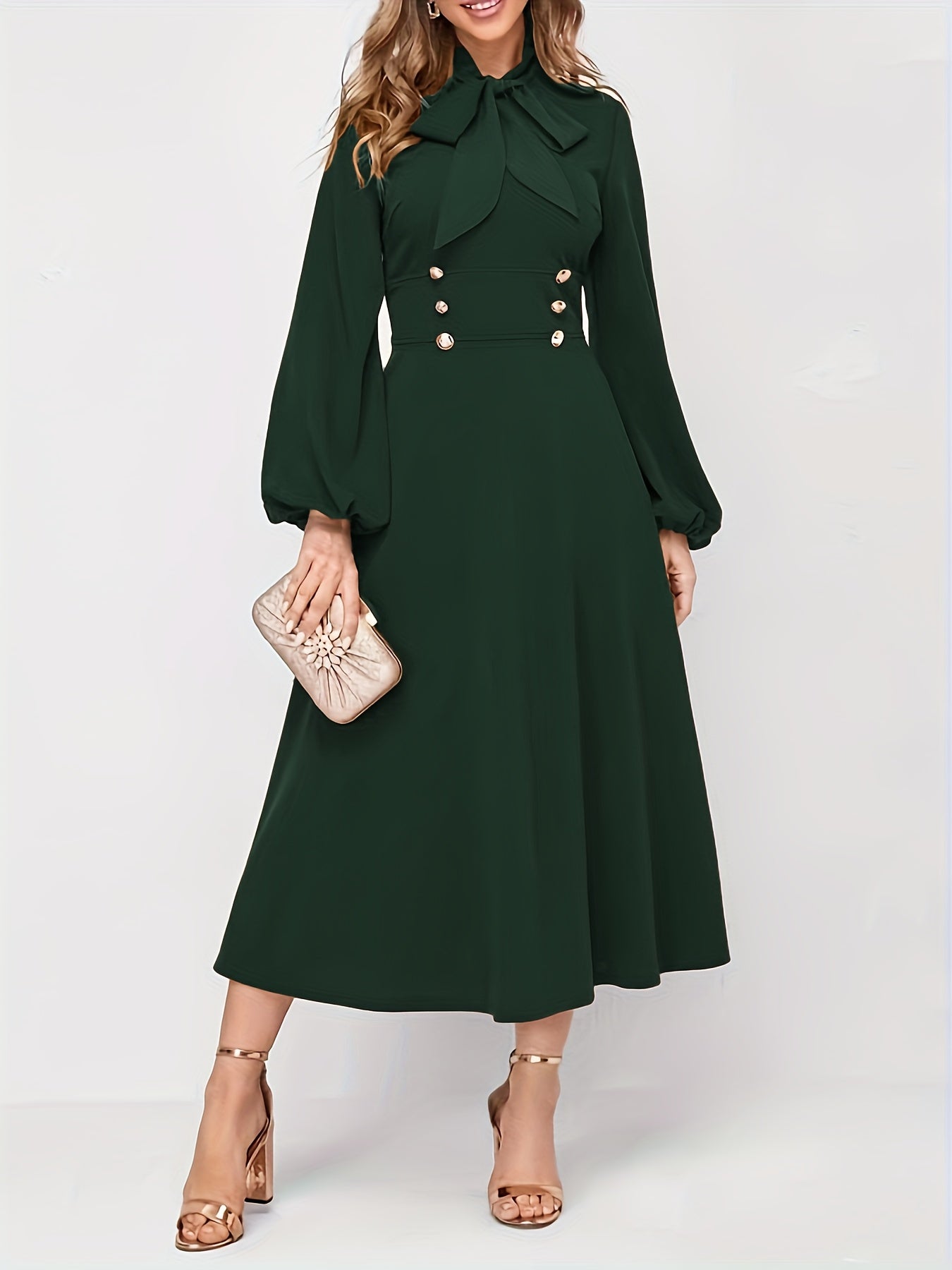 Sixsr Solid Tie Neck Midi Dress, Elegant Lantern Long Sleeve Dress, Women's Clothing