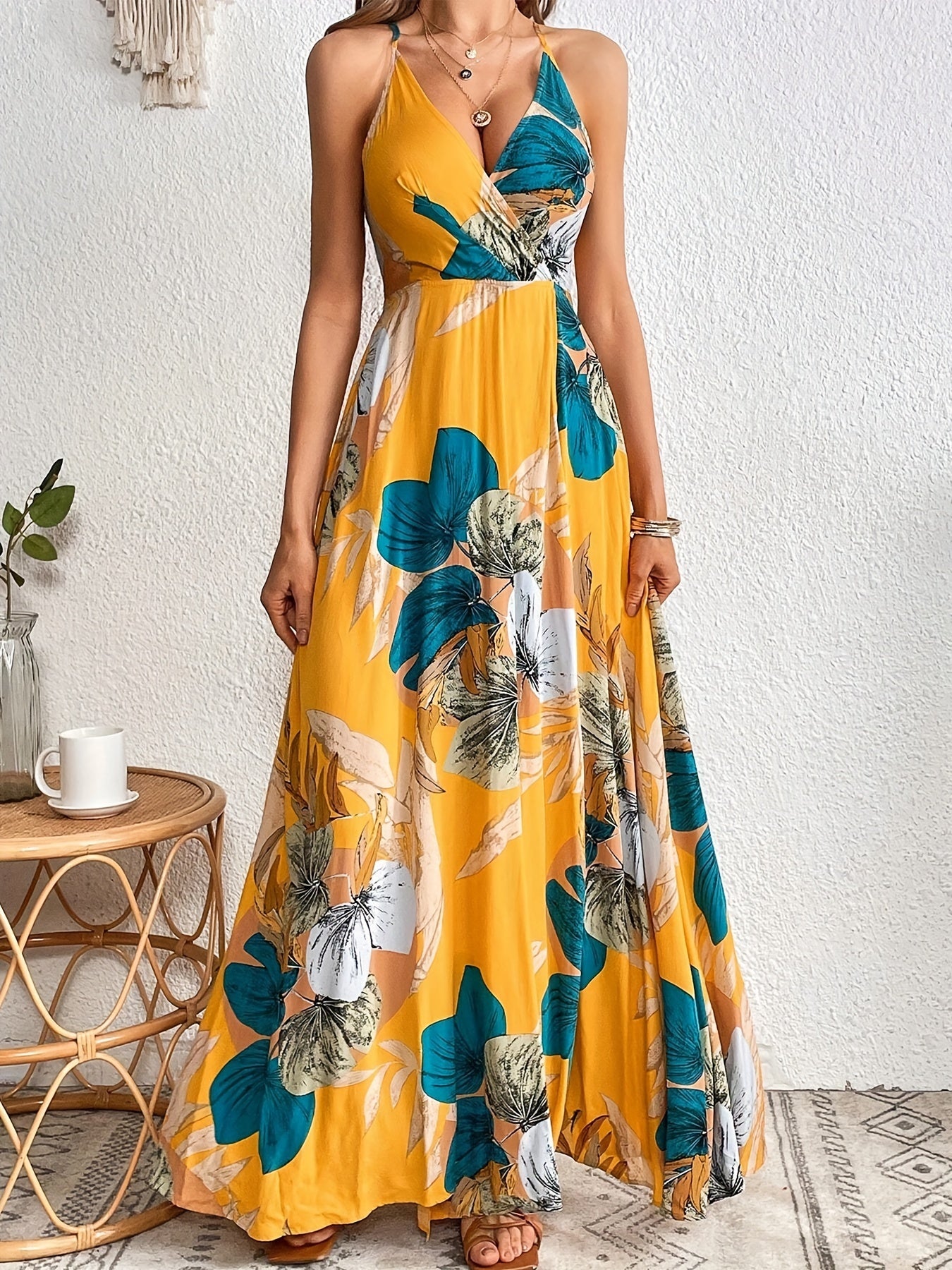 Floral Print Split Thigh Backless Cami Dress, Elegant Sleeveless V-neck Dress, Women's Clothing