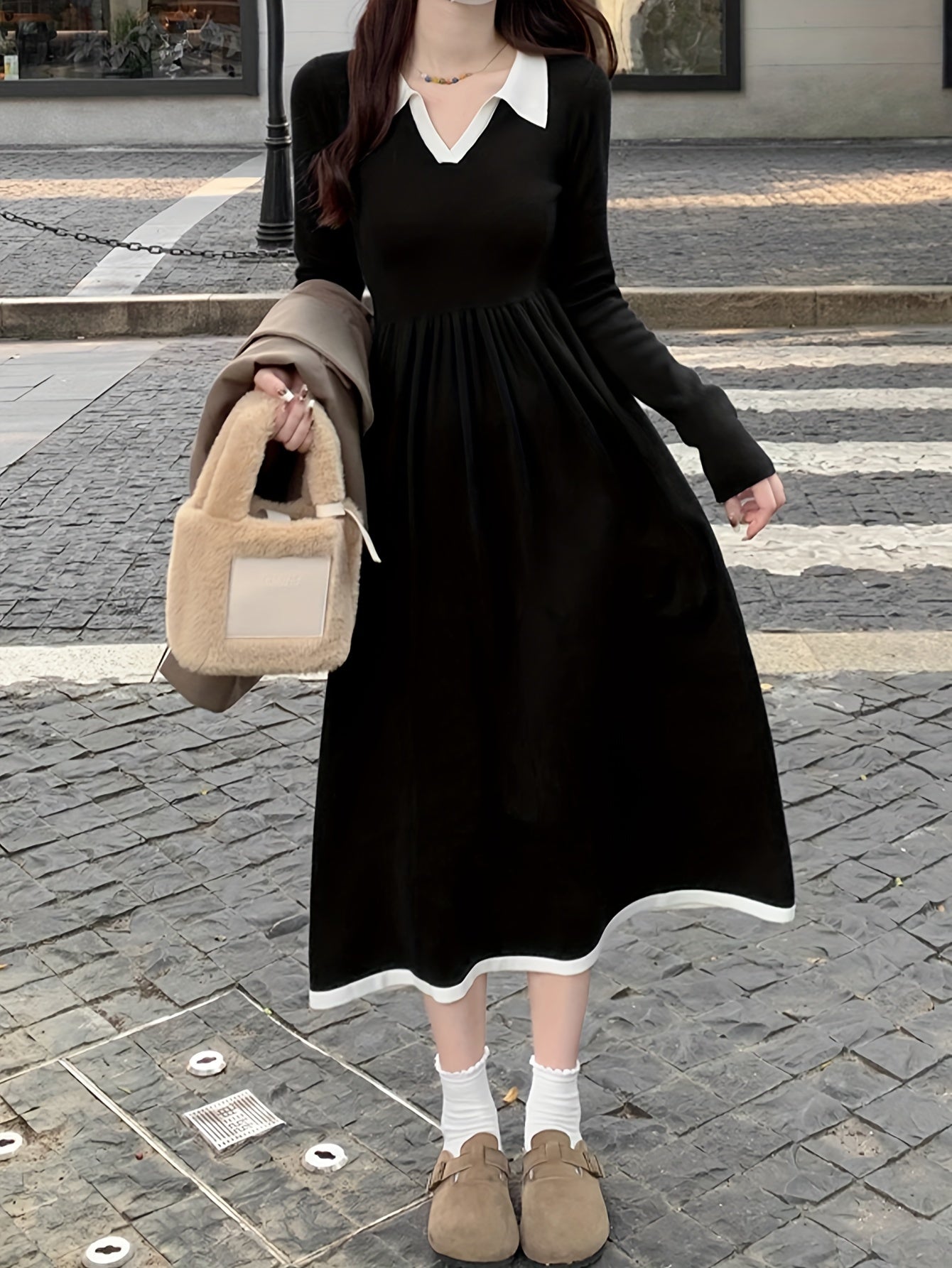 Sixsr Contrast Trim Collared Aline Dress, Elegant Long Sleeve Smocked Dress For Spring & Fall, Women's Clothing